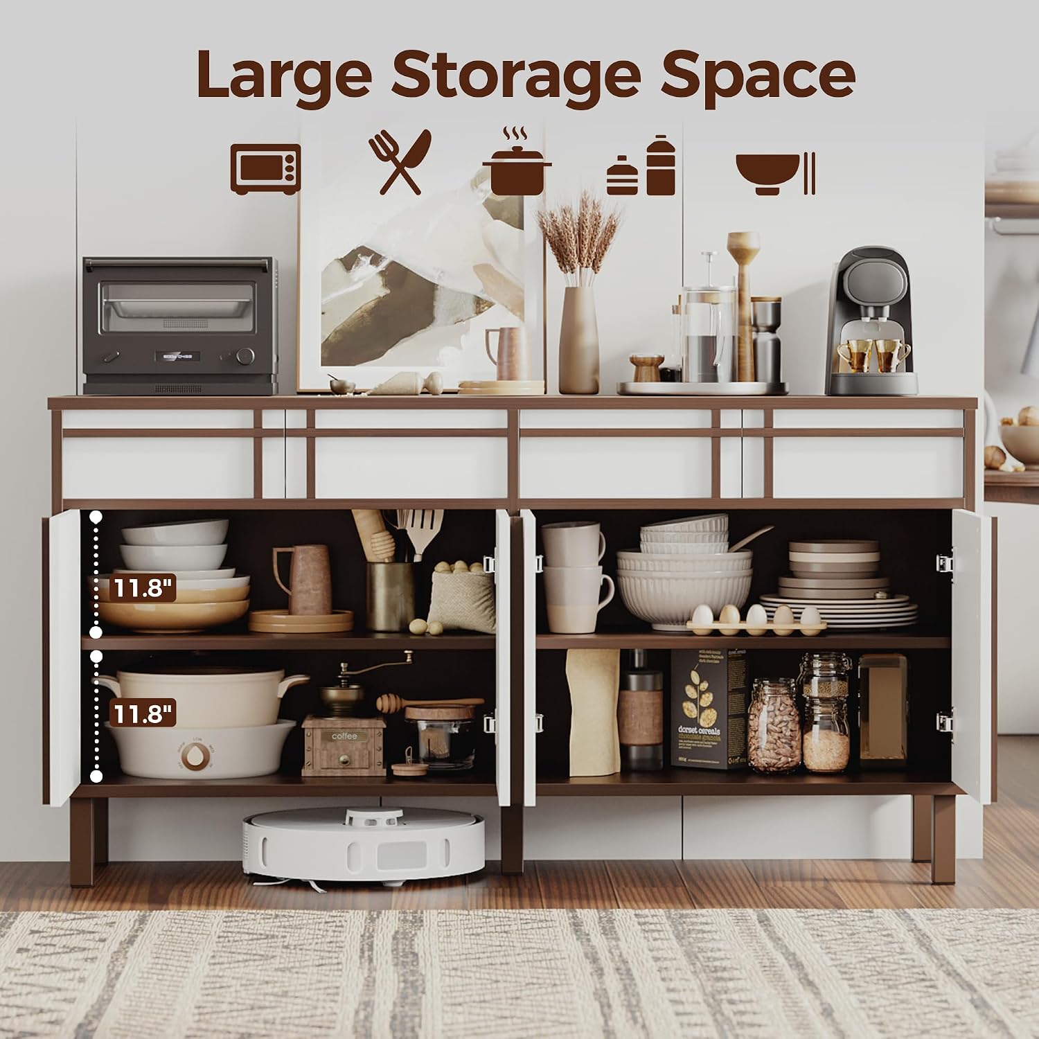 58 inch Sideboard Buffet Cabinet with 3 Drawers, Modern Credenza with 4 Doors & Adjustable Shelf, Large Coffee Bar Storage for Kitchen, Entryway