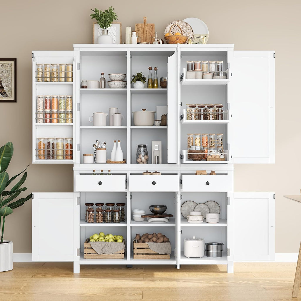 Farmhouse 74.8''H High Freestanding Kitchen Pantry, 53''Lx20''W Wooden Large Cupboard Storage Cabinet with Door Shelves, Adjustable Shelves, Pull-Out Trays and Drawers (White-6ds)
