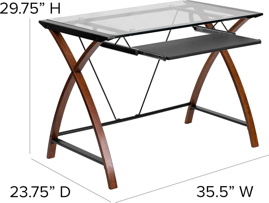 Flash Furniture Jude Tempered Glass Computer Desk with Pull-Out Keyboard Tray and Crisscross Frame, Small Computer Desk for Home Office, Cherry/Clear