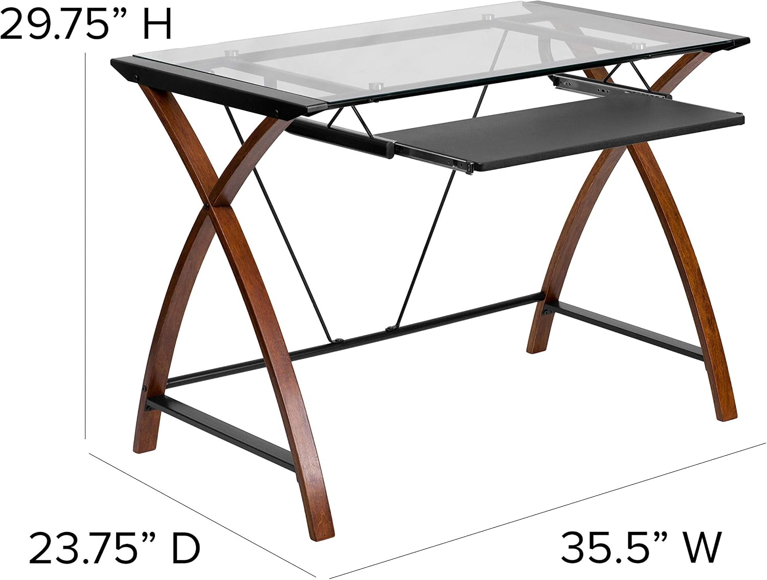 Flash Furniture Jude Tempered Glass Computer Desk with Pull-Out Keyboard Tray and Crisscross Frame, Small Computer Desk for Home Office, Cherry/Clear
