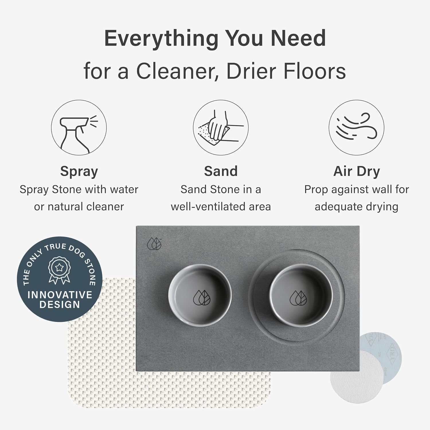 Dorai Home Ceramic Dog Bowls + Stone Drying Mat - Dog Food and Water Bowl Set with Non-Slip Base that Absorbs Spills and Drips - Made with Diatomaceous Earth for Quick Drying - 23.6' x 15.4' - Slate