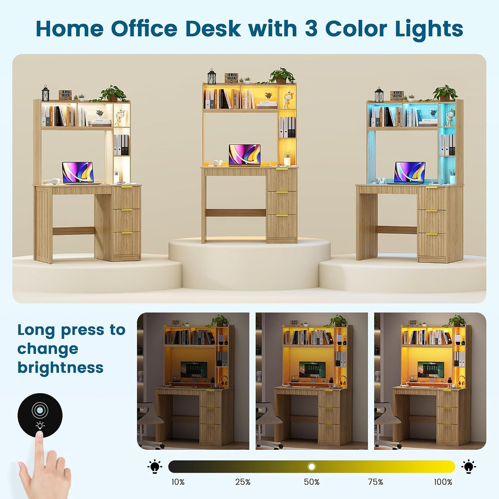 WOOVIVS Home Office Desk with Hutch & LED Lights - 39' Computer Desk with Charging Station, 3 Large Drawers, Hidden Compartment & Fluted Panel Design,Natural Writing Desk for Bedroom, Study