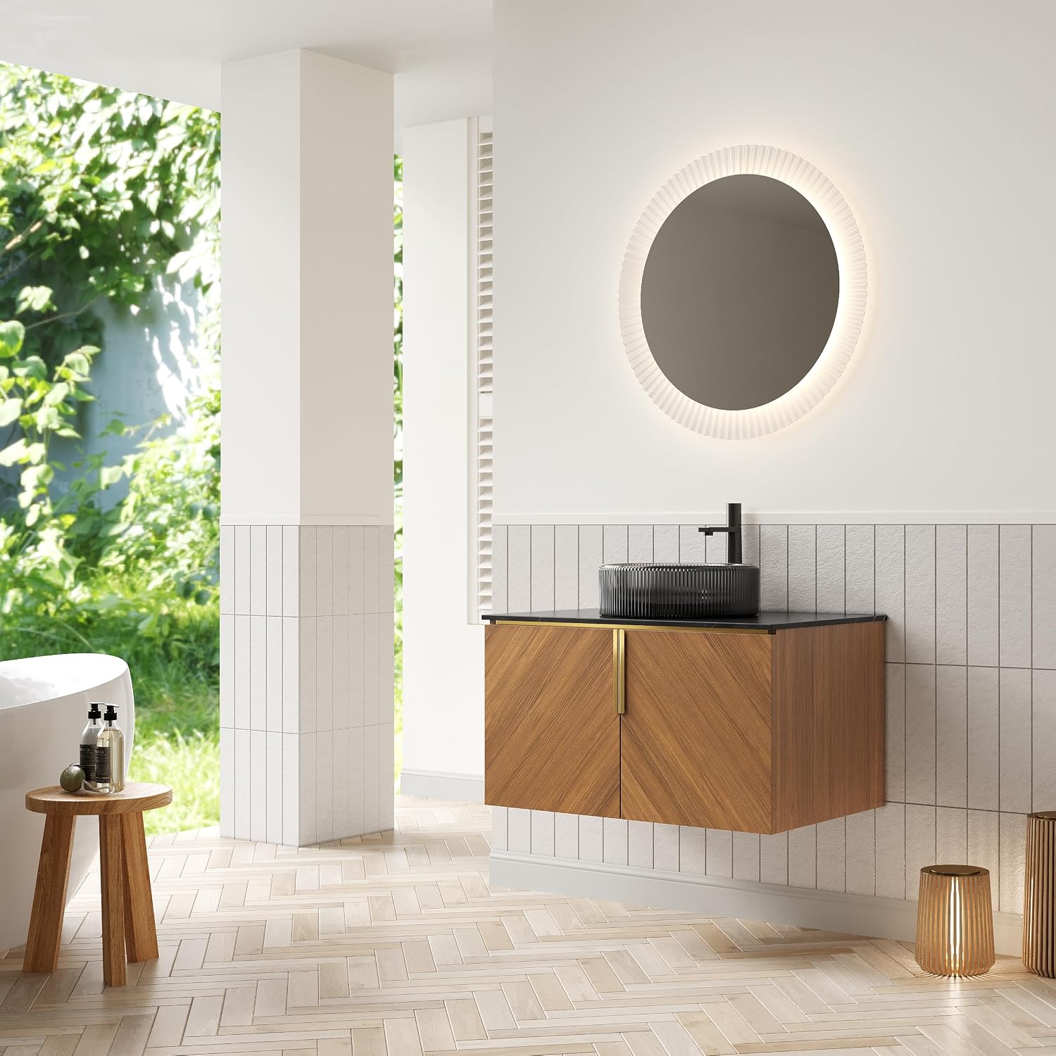 30 Inch Bathroom Vanity with Sink Combo, Floating Vanity Bathroom with Vessel Sink, Modern Bathroom Vanity Cabinet with Doors, Sintered Stone Countertop and Black Glass Sink,Brown Oak