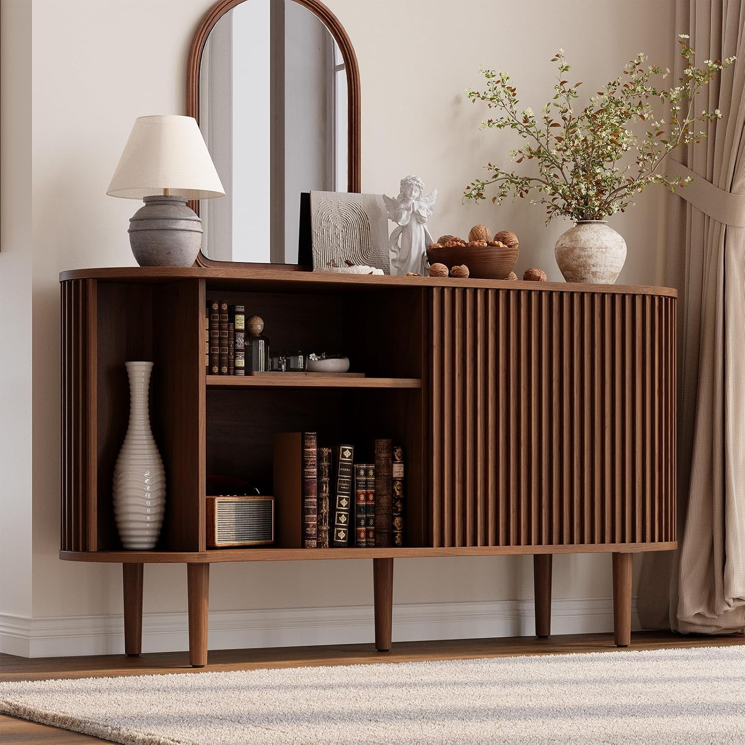 ONBRILL 55' Buffet Sideboard Cabinet with Sliding Doors, Mid-Century Modern Sideboard Buffet Cabinet with Storage & Adjustable Shelves, Accent Coffee Bar Console Table for Kitchen, Entryway, Walnut