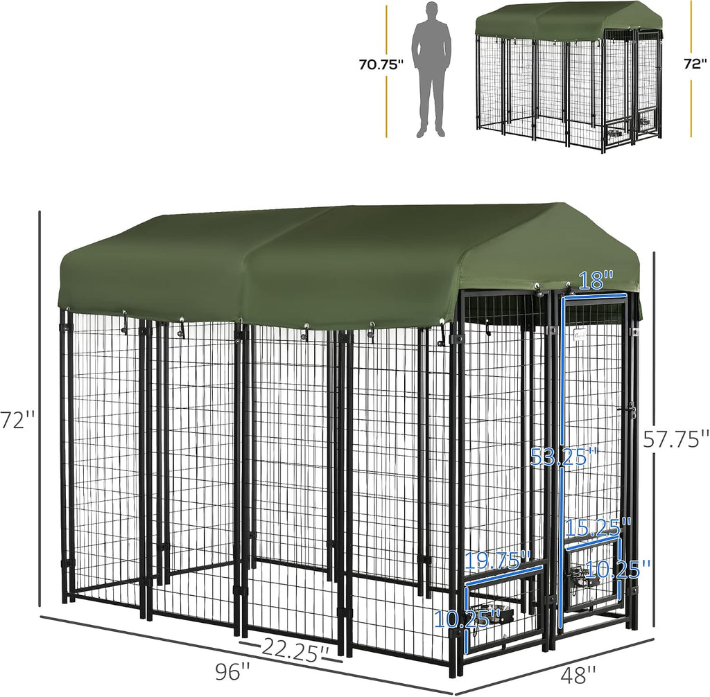 PawHut 8' x 4' x 6' Dog Kennel Outside, Welded Wire Outdoor Dog Kennel Run with 360° Rotating Bowls, Waterproof & UV Resistant Cover, for S&M&L Breeds, Chickens, Ducks, Green