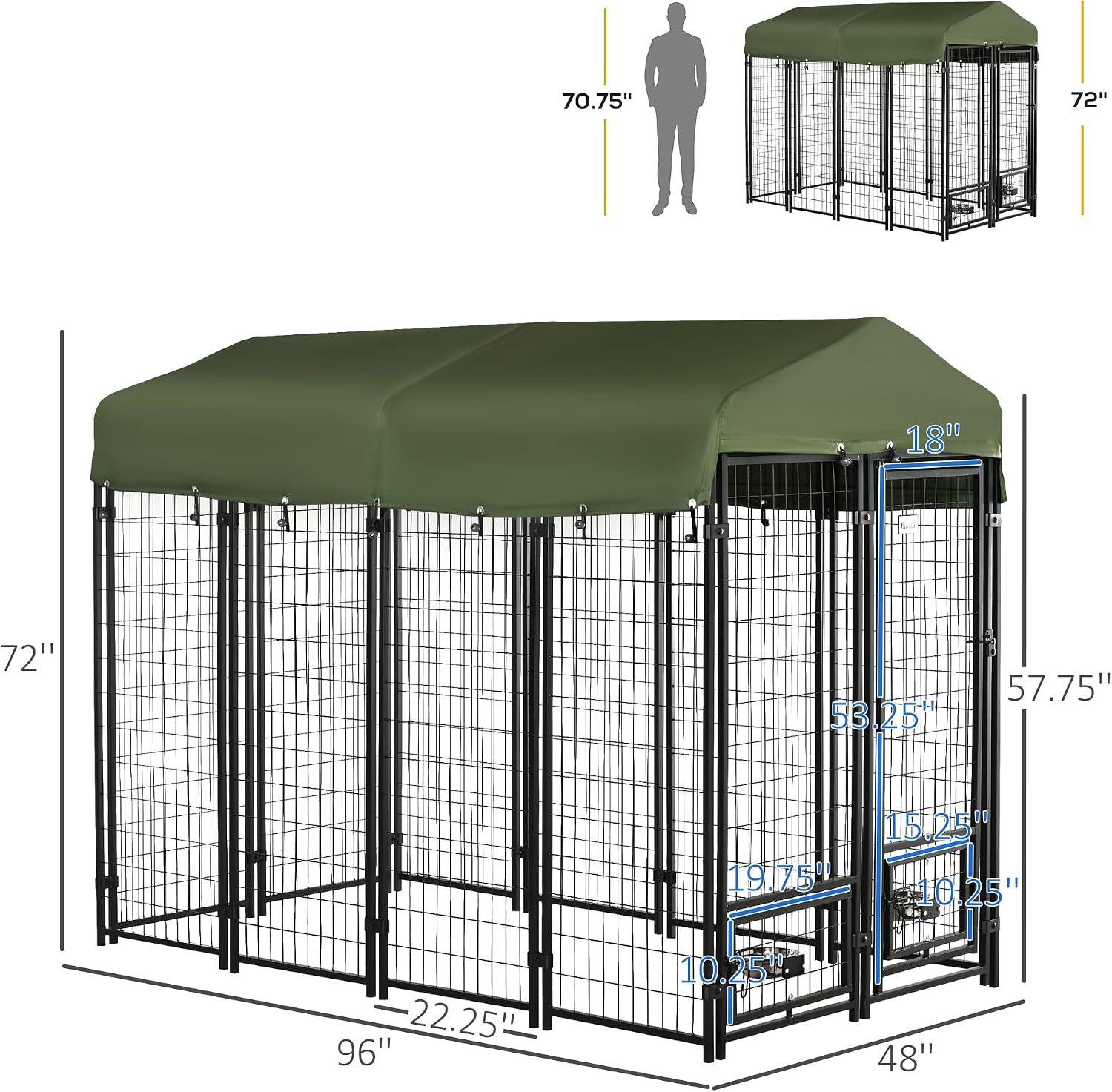 PawHut 8' x 4' x 6' Dog Kennel Outside, Welded Wire Outdoor Dog Kennel Run with 360° Rotating Bowls, Waterproof & UV Resistant Cover, for S&M&L Breeds, Chickens, Ducks, Green