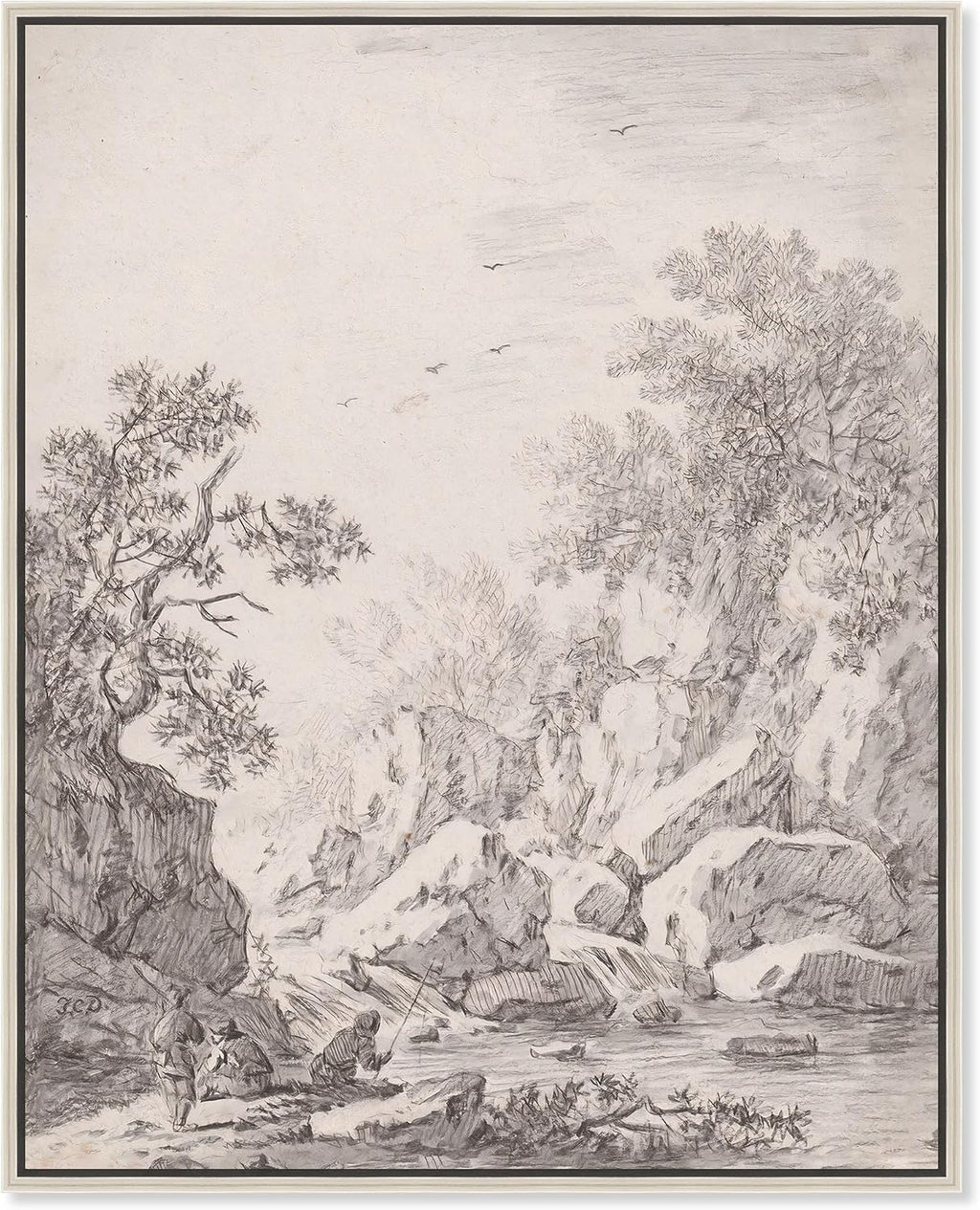 Art Remedy A Waterfall by Rock Cliffs 1750s Canvas Classic Sketches, Silver Frame, 20' x 24'