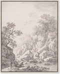 Art Remedy A Waterfall by Rock Cliffs 1750s Canvas Classic Sketches, Silver Frame, 20' x 24'