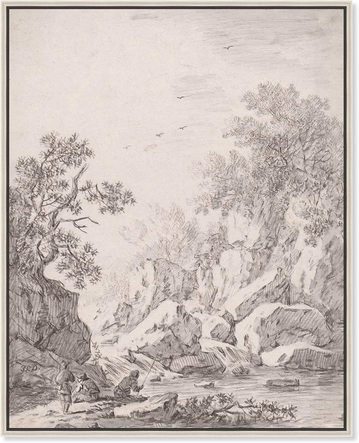Art Remedy A Waterfall by Rock Cliffs 1750s Canvas Classic Sketches, Silver Frame, 16' x 20'