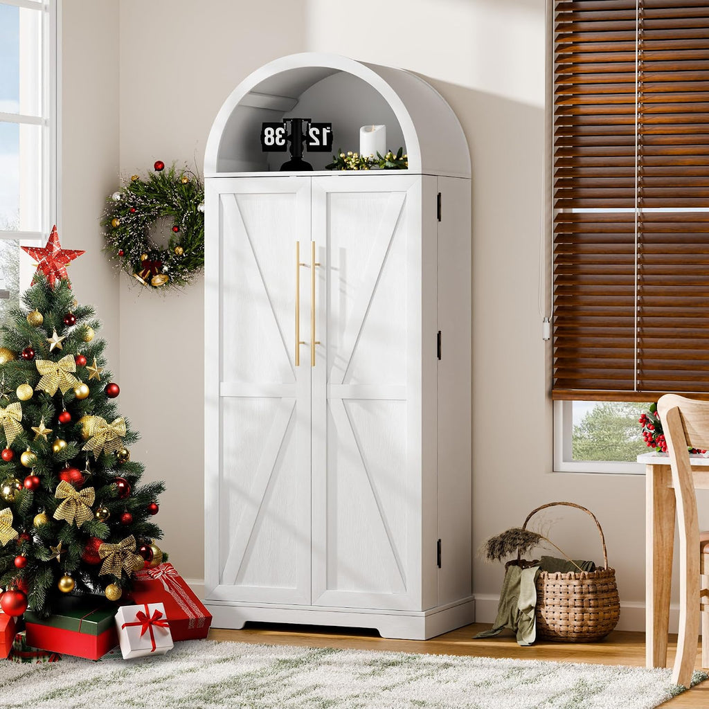 65''H Kitchen Storage Cabinet Pantry with 4 Large Storage Compartment & 10 Door Shelves, Free Standing Pantry Cabinet with Barn Doors Tall Kitchen Cabinet for Dining Room, Living Room, White