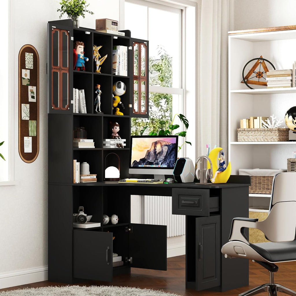 ZeHuoGe L-Shaped Corner Computer Desk for Home Office or Study Desk, Study Modern Style Table with Drawers, Bookshelf & Hutch, 2-in-1 L-Shaped Design, Large Working Space (Black)