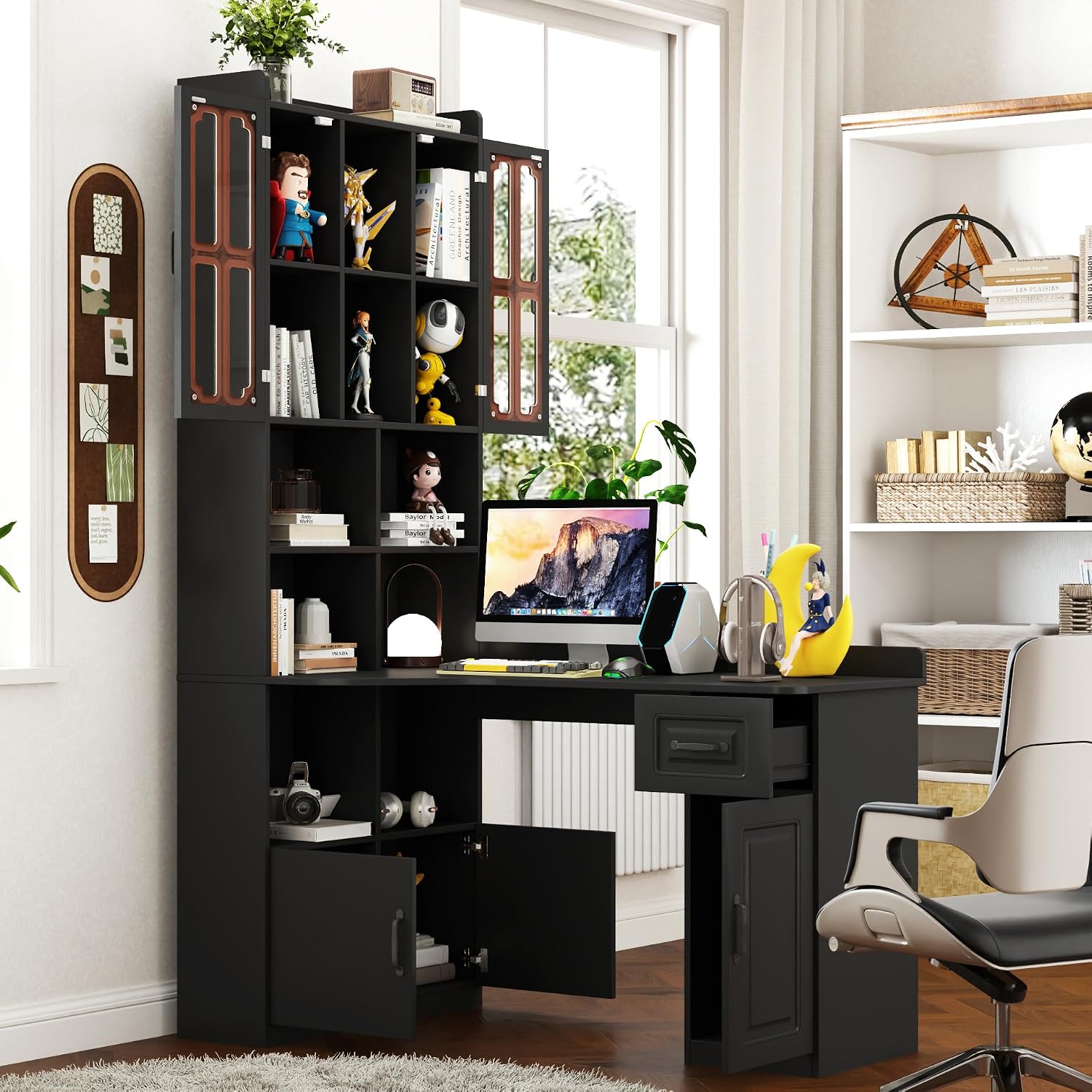 ZeHuoGe L-Shaped Corner Computer Desk for Home Office or Study Desk, Study Modern Style Table with Drawers, Bookshelf & Hutch, 2-in-1 L-Shaped Design, Large Working Space (Black)