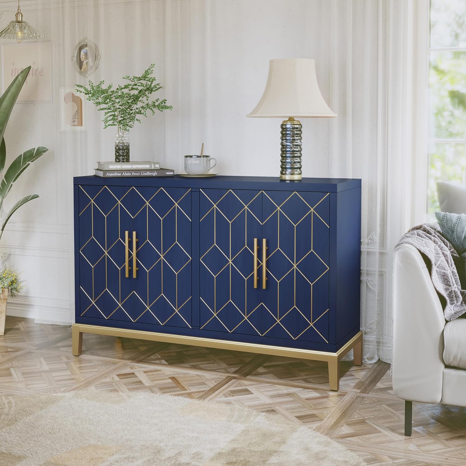 HLR 48' Accent Cabinet with 4 Doors and Shelves, Modern Credenza Storage Cabinet with Gold Trim, Sideboard Buffet for Living Room, Kitchen, Dining Room, Hallway, Blue