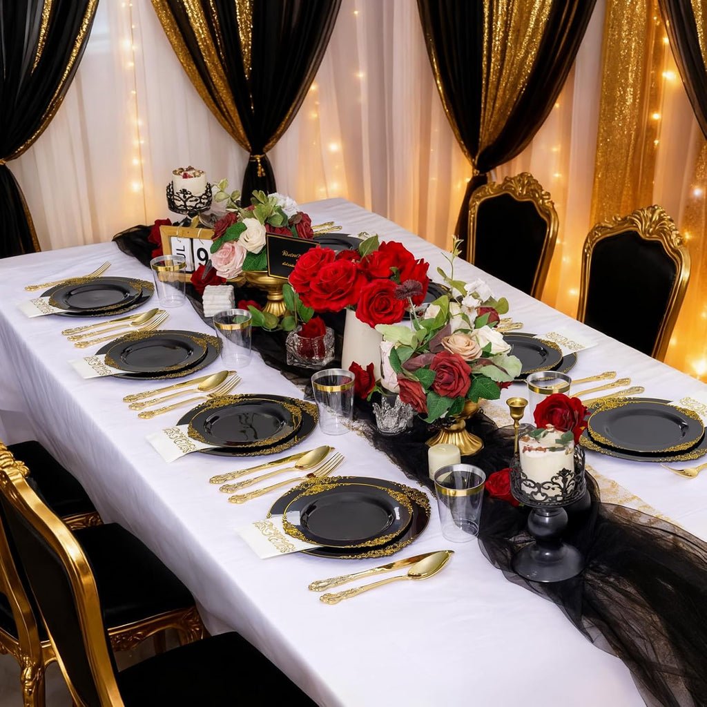 YOUBET 700PCS Black Plastic Plates - Black and Gold Plates - Gold Plastic Dinnerware Set Include 200 Disposable Plate, 300 Heavy Duty Silverware, 100 Cups, 100 Napkins for Wedding & Party