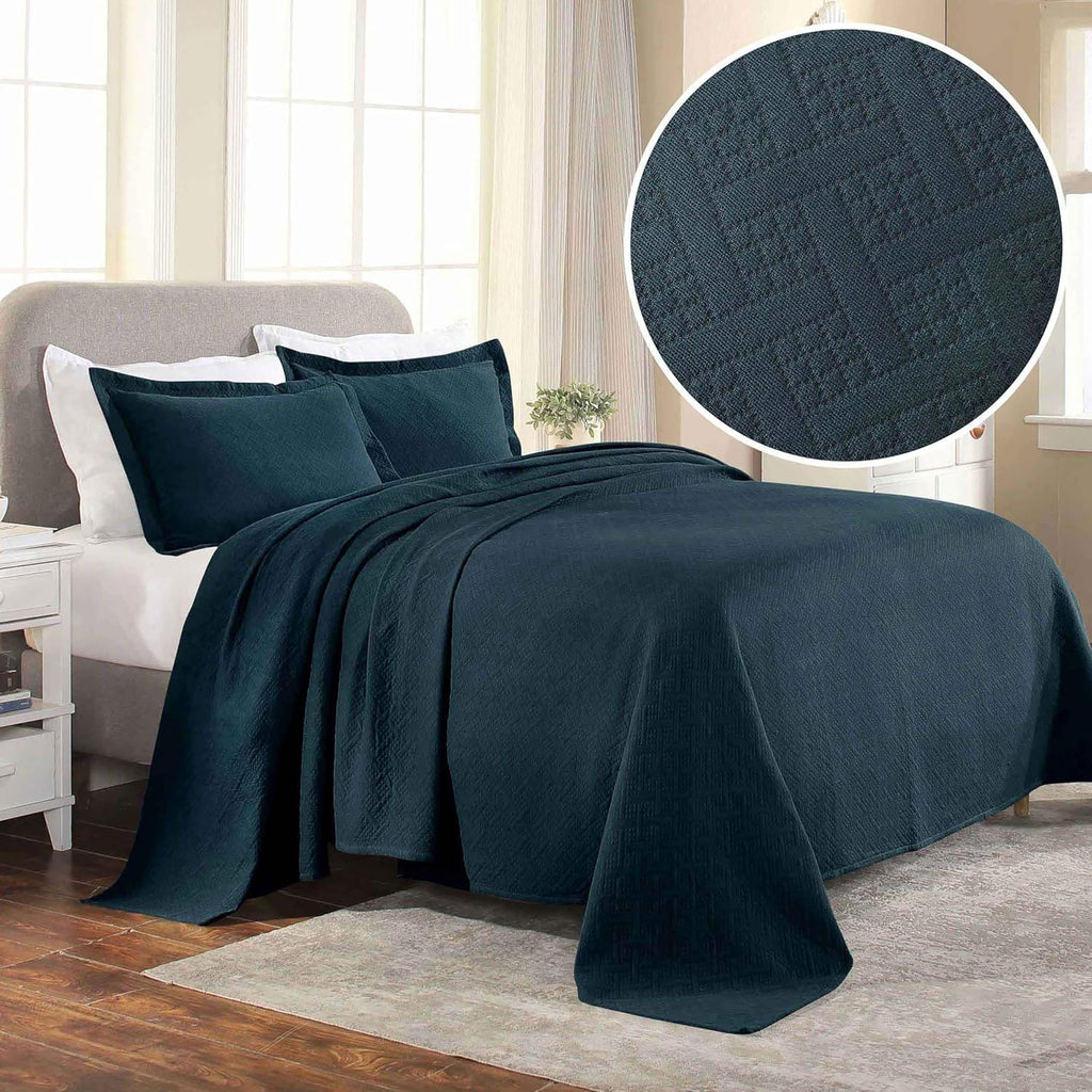 Superior 3 Piece Basketweave Cotton Bedspread Set, Home Bed Decor, Decorative Bed Spread, 2 Pillow Shams, Medium Weight Blanket, Matelasse Coverlet Bedding, Geometric Lattice Pattern, Queen, Deep Sea