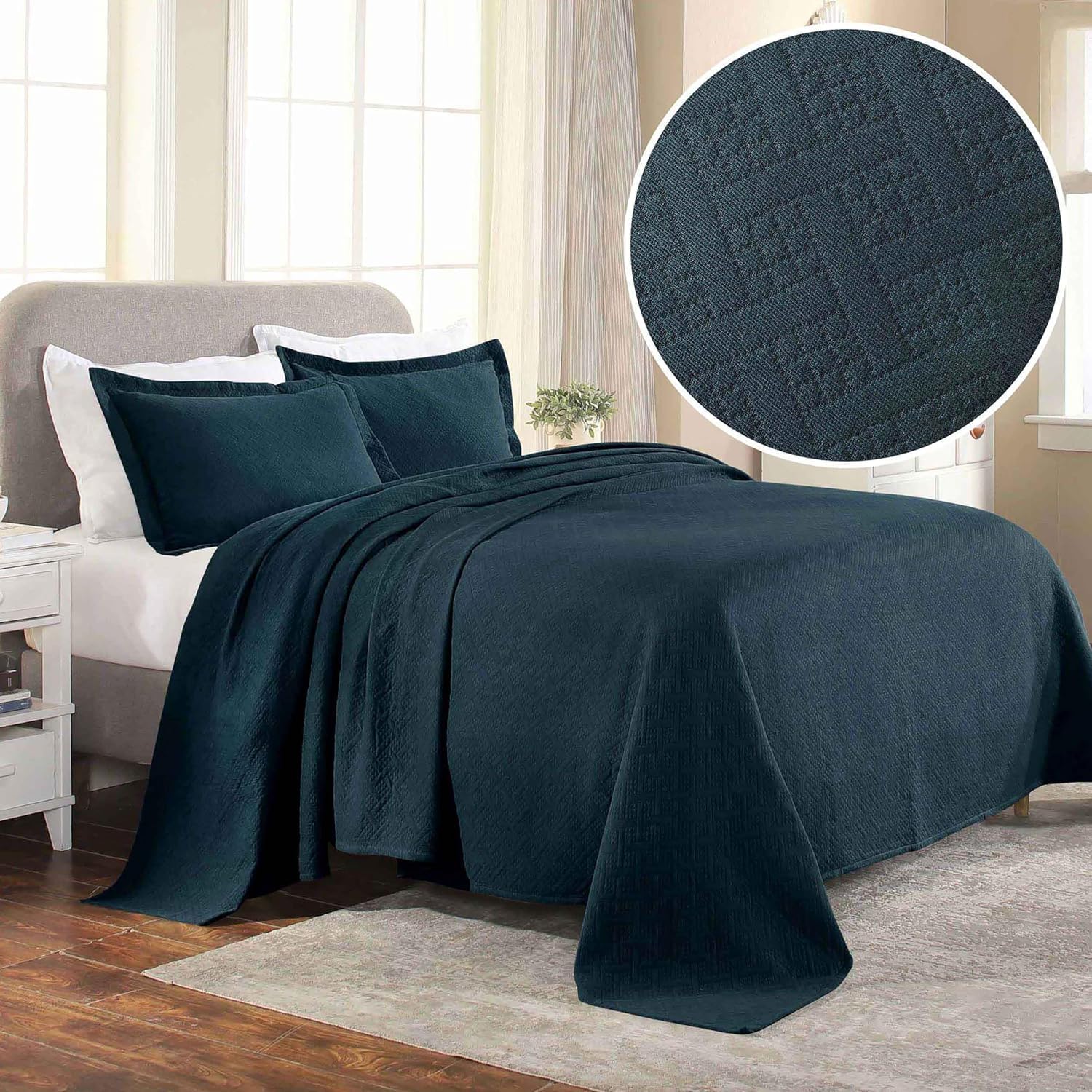 Superior 3 Piece Basketweave Cotton Bedspread Set, Home Bed Decor, Decorative Bed Spread, 2 Pillow Shams, Medium Weight Blanket, Matelasse Coverlet Bedding, Geometric Lattice Pattern, Queen, Deep Sea