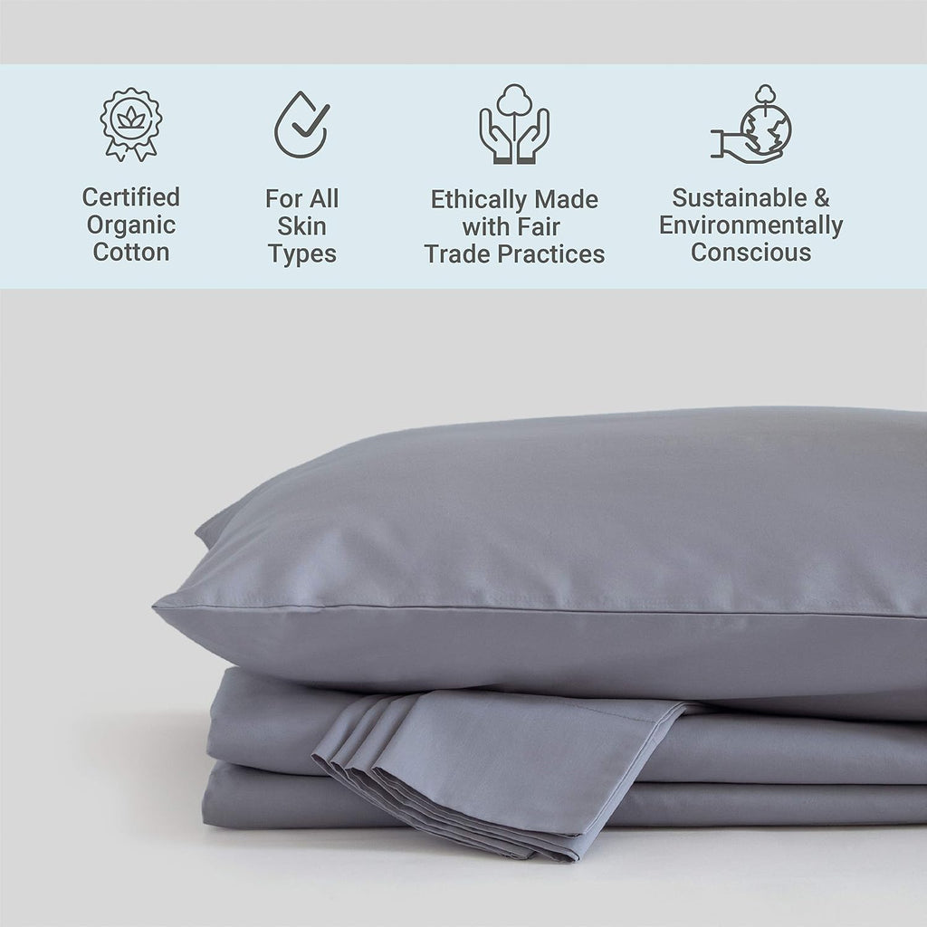 Fabdreams 100% Organic Cotton Percale Weave Queen Size Sheet Set, 300 TC, GOTS Certified, Cool & Crisp, Breathable, Fits Mattresses Up to 17' Deep, Durable Luxury – Light Gray