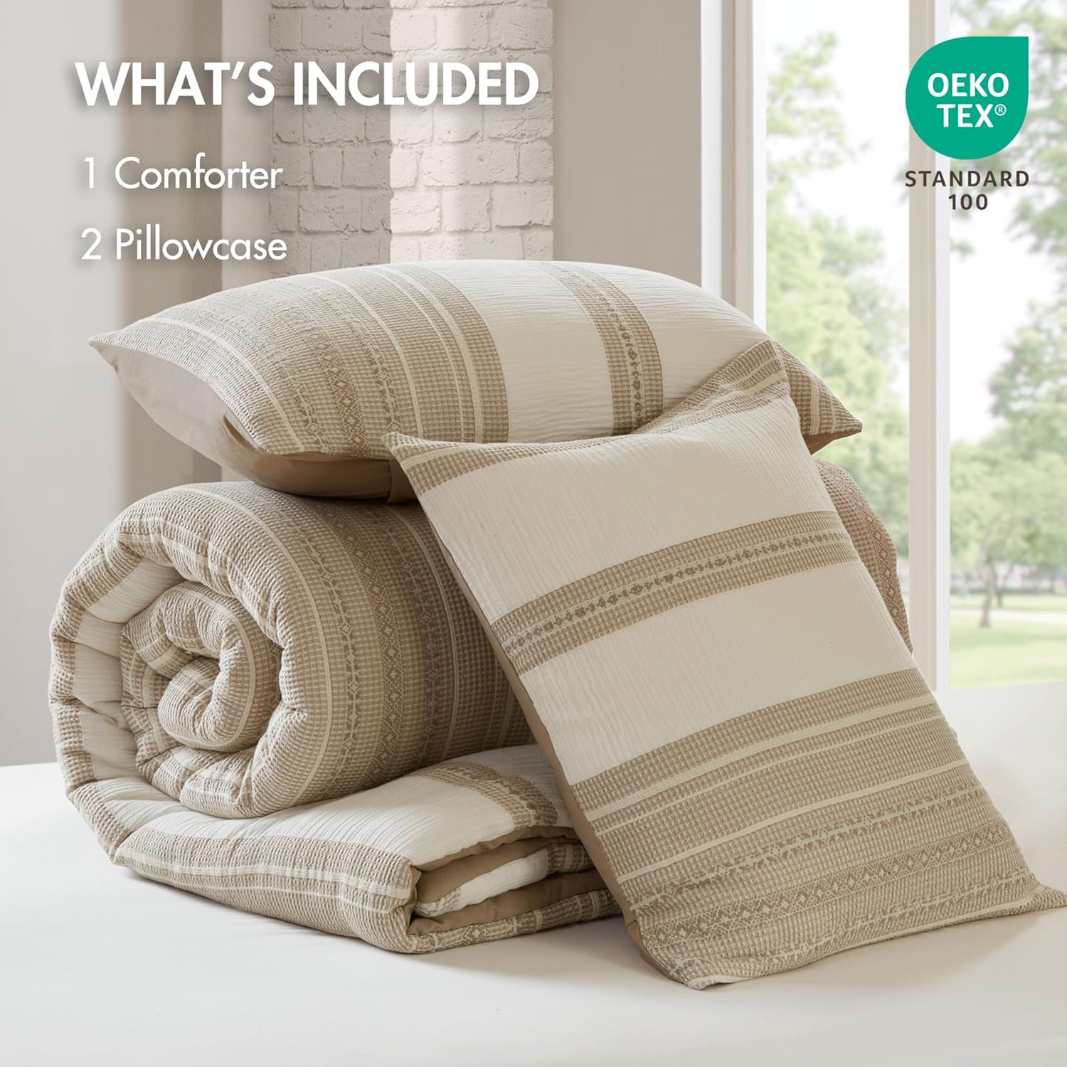Woolrich Queen Comforter Set Cotton Striped, Oversized Comforter, All Season Down Alternative Overfilled Queen Size Comforter, Mesa, Full/Queen Tan 3 Piece
