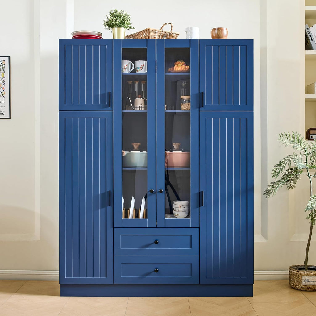 Modern Large Kitchen Pantry with 6 Doors, 53.2''Lx17.7''W Wood Storage Cabinet Cupboard with Drawers, Adjustable Shelves, Pull-Out Trays and Wine Rack for Dining Room (Blue-4.19)