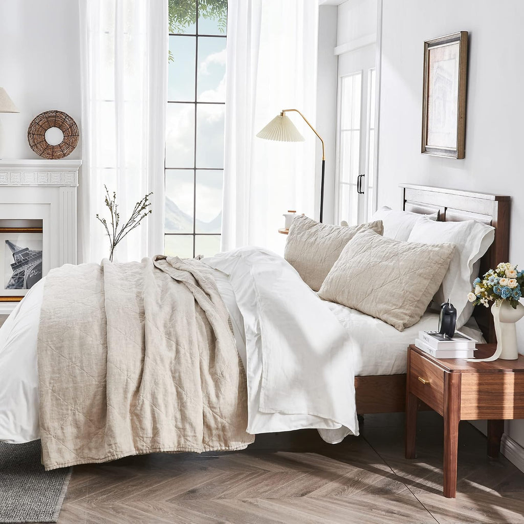 S VICTORY SYMBOL Linen Quilt Set Queen Size-3 Piece Bedding Quilt Coverlets,All Seasons Bedspreads,100% French Linen Shell and Viscoses from Bamboo Filling Quilted Coverlet(Includes 1 Quilt,2 Shams)