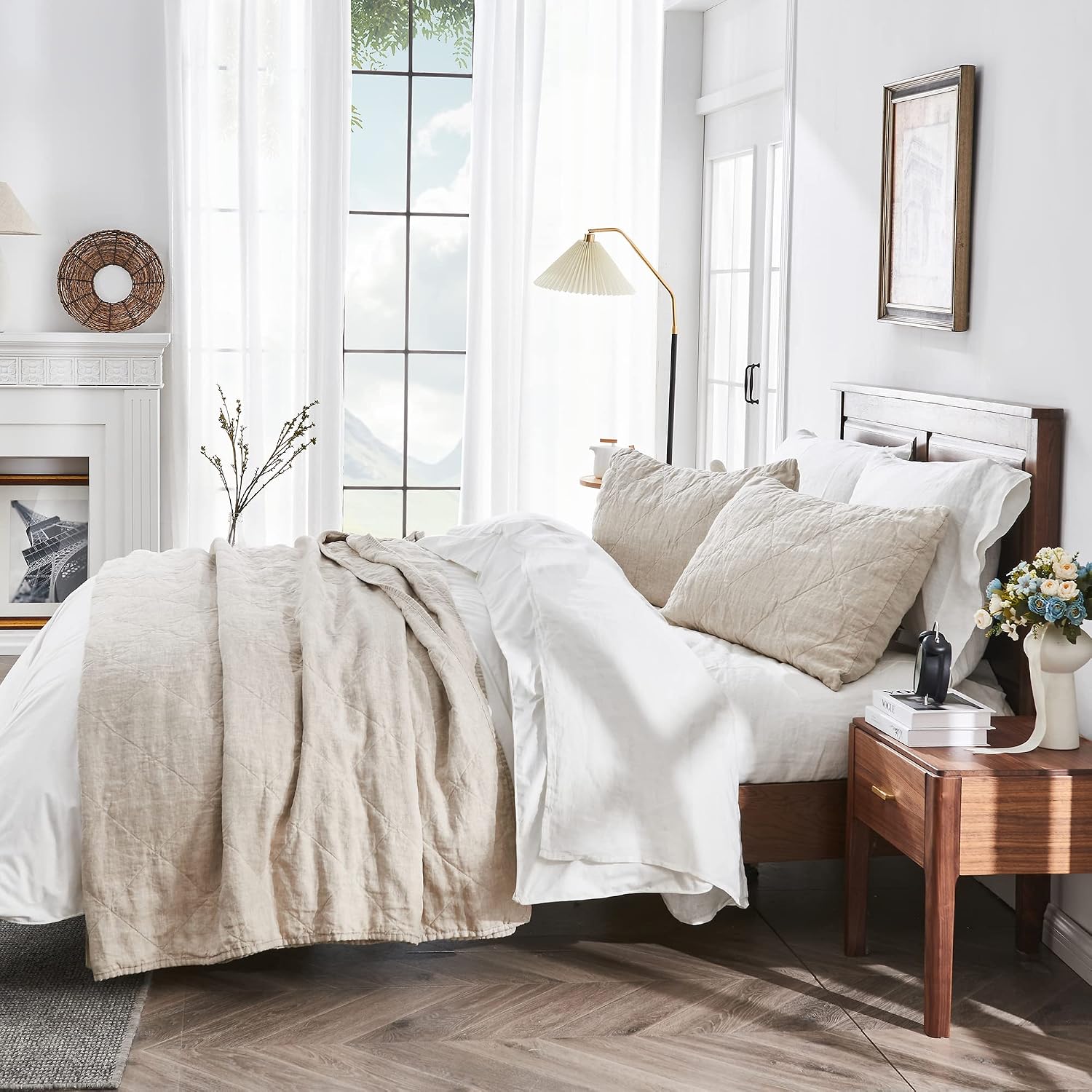 S VICTORY SYMBOL Linen Quilt Set Queen Size-3 Piece Bedding Quilt Coverlets,All Seasons Bedspreads,100% French Linen Shell and Viscoses from Bamboo Filling Quilted Coverlet(Includes 1 Quilt,2 Shams)