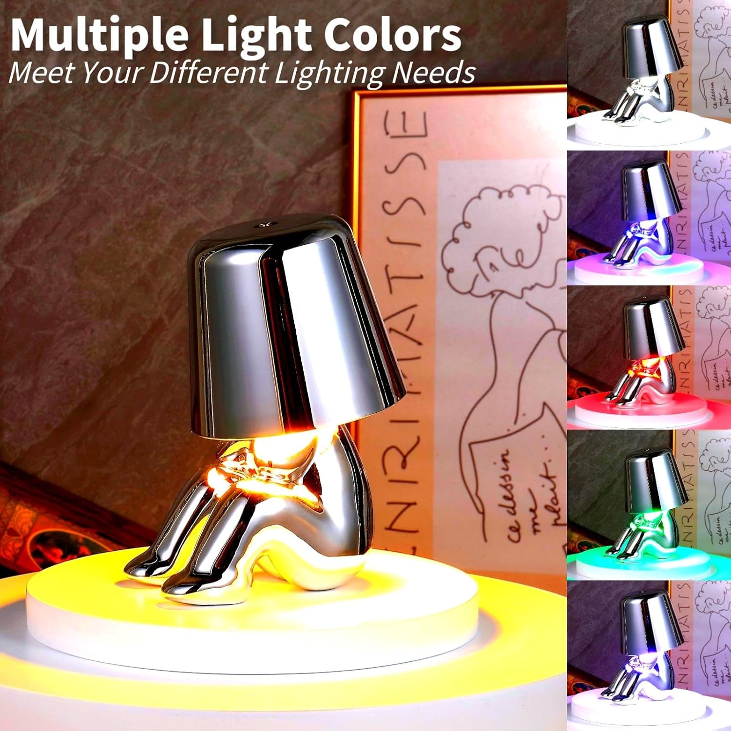 Thinker Lamp Collection, Touch Table Lamp Cordless Rechargeable Desk Lamp Silver Cute Decor Thinker Statue Battery Operated Night Light for Home Office, Bedroom, Living Room (Collection)