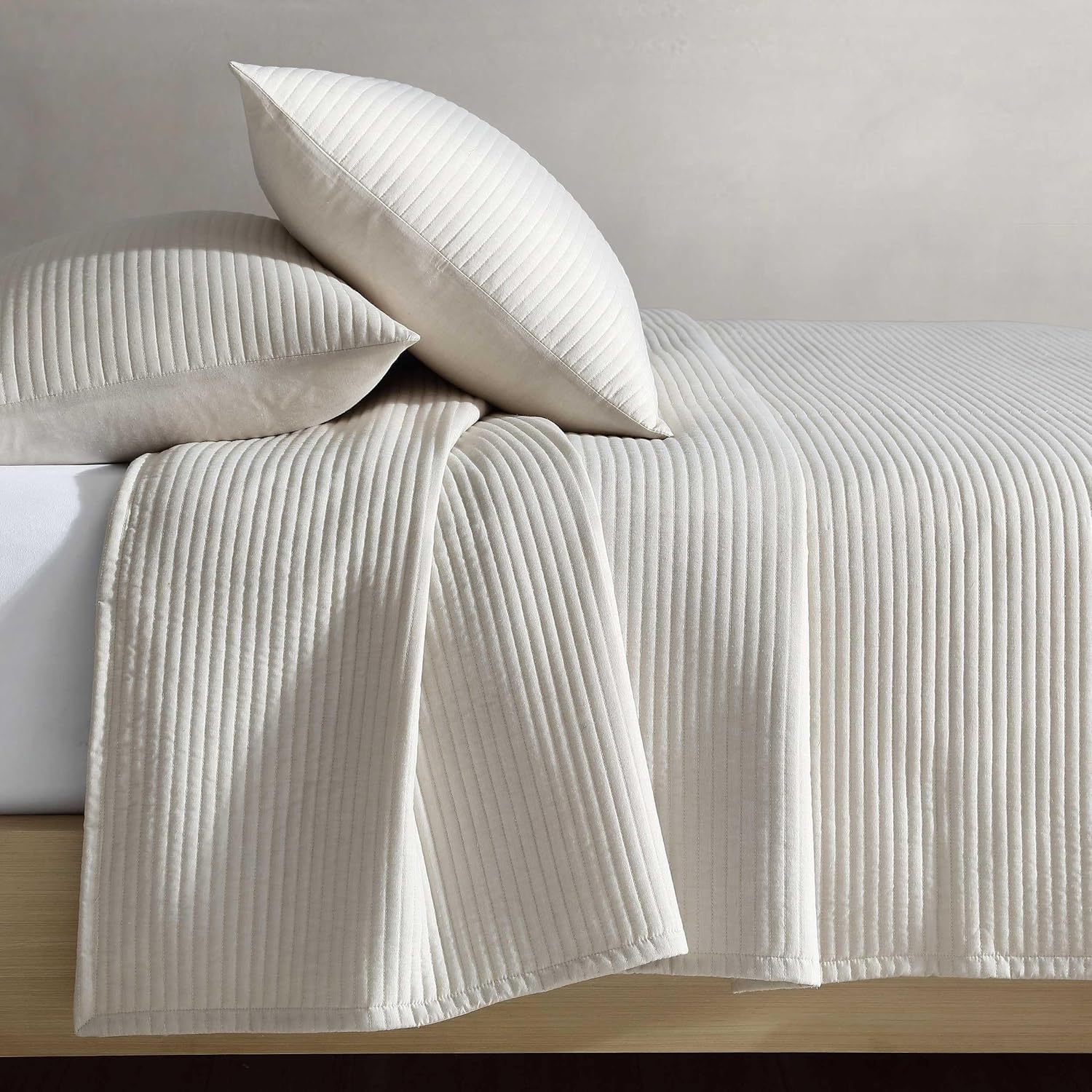 Calvin Klein - Queen Quilt Set, Luxuriously Soft Channel Stitch Bedding with Matching Shams (Mini Channel Stitch Solid Beige, Queen)