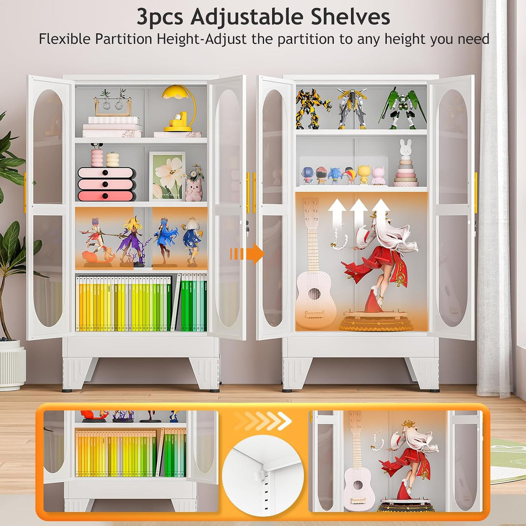 PAOFIN 47' H Locking Display Cabinet with Glass Door, Metal Cabinets with 3 Adjustable Shelves, Cabinet Display Case for Living Room, Collectibles, Clinic, Home - Assembly Required White