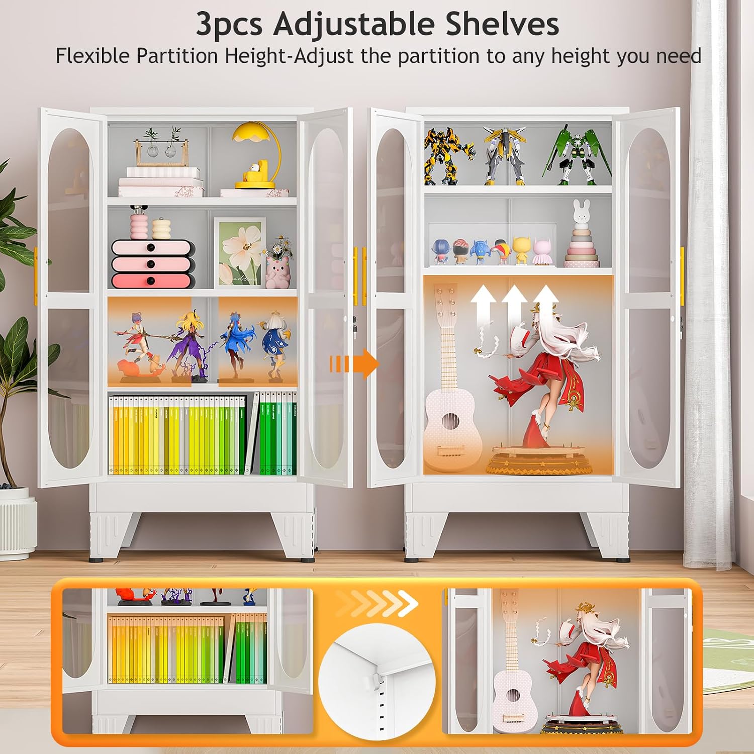 PAOFIN 47' H Locking Display Cabinet with Glass Door, Metal Cabinets with 3 Adjustable Shelves, Cabinet Display Case for Living Room, Collectibles, Clinic, Home - Assembly Required White