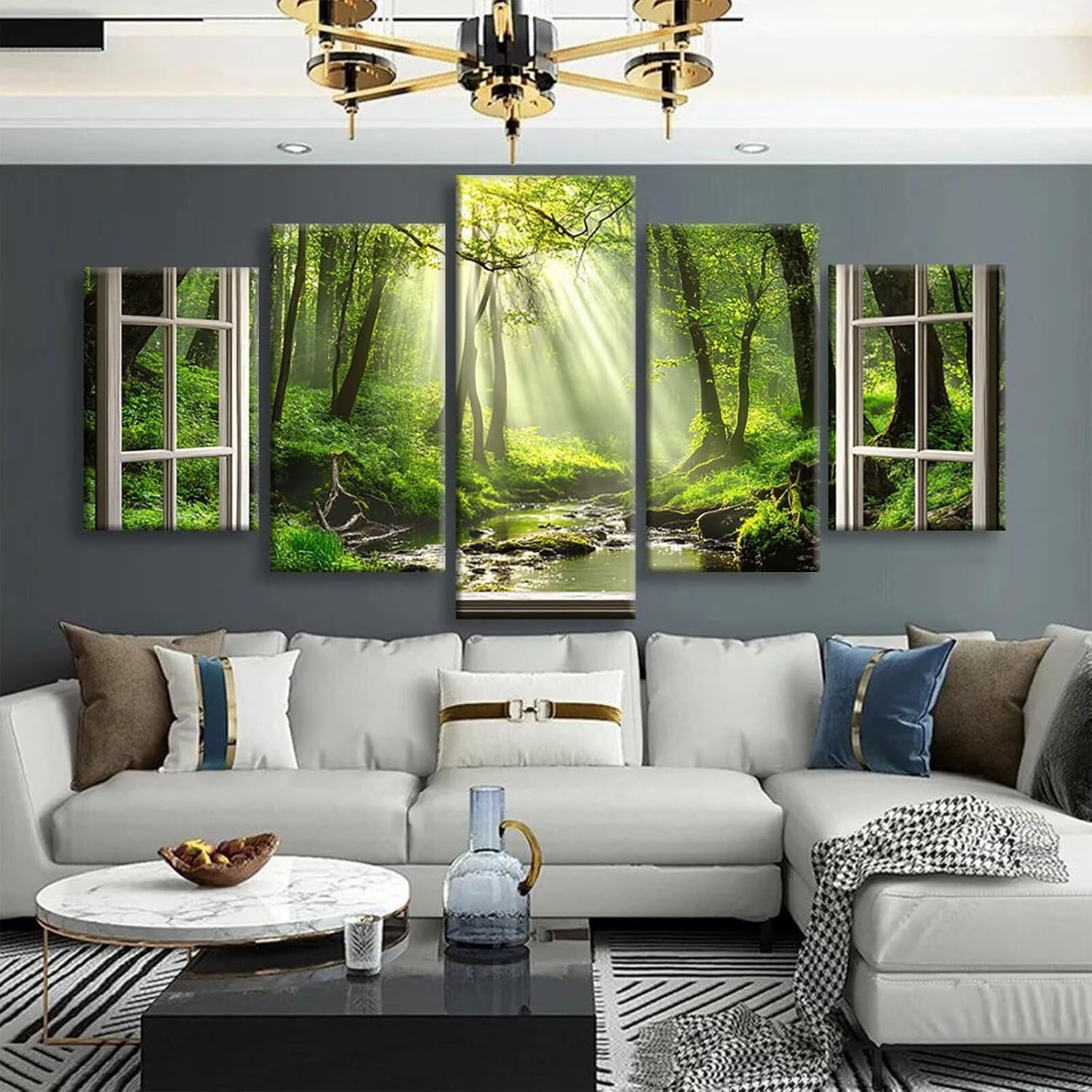 Forest Diamond Art 5 Piece Diamond Painting Landscape 5D DIY Full Round Drill Dimond Art Paintings Crystal Crafts for Adults Gem Painting for Home Decor, Large Artwork for Wall 60 x 120 Inch, Model195