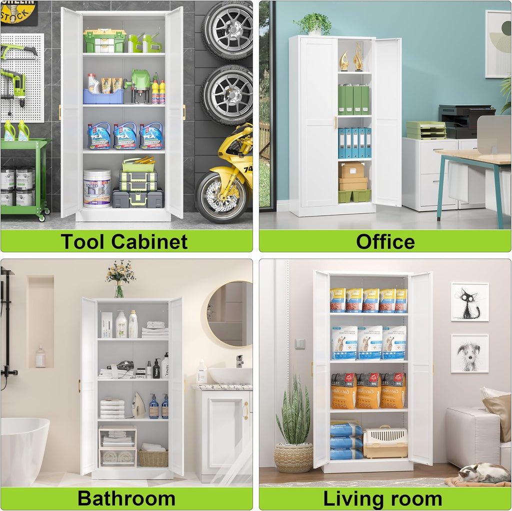 UNICOLY Metal Kitchen Pantry Cabinet, Storage Cabinet with Doors and Shelves, Cupboard with Adjustable Leveling Foot, for Laundry, Living Room, Bathroom, Dinning Room, Assembly Required, White 60' H