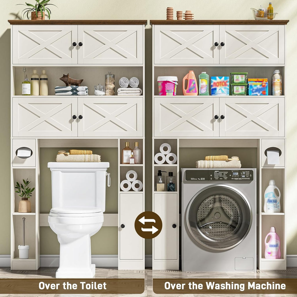 Over The Toilet Storage Cabinet, Farmhouse Storage Over Toilet with 4 Barn Doors & Adjustable Shelf, Space Saving Bathroom Organizer with Toilet Paper Holder Stand for Bathroom, Laundry, Rustic White