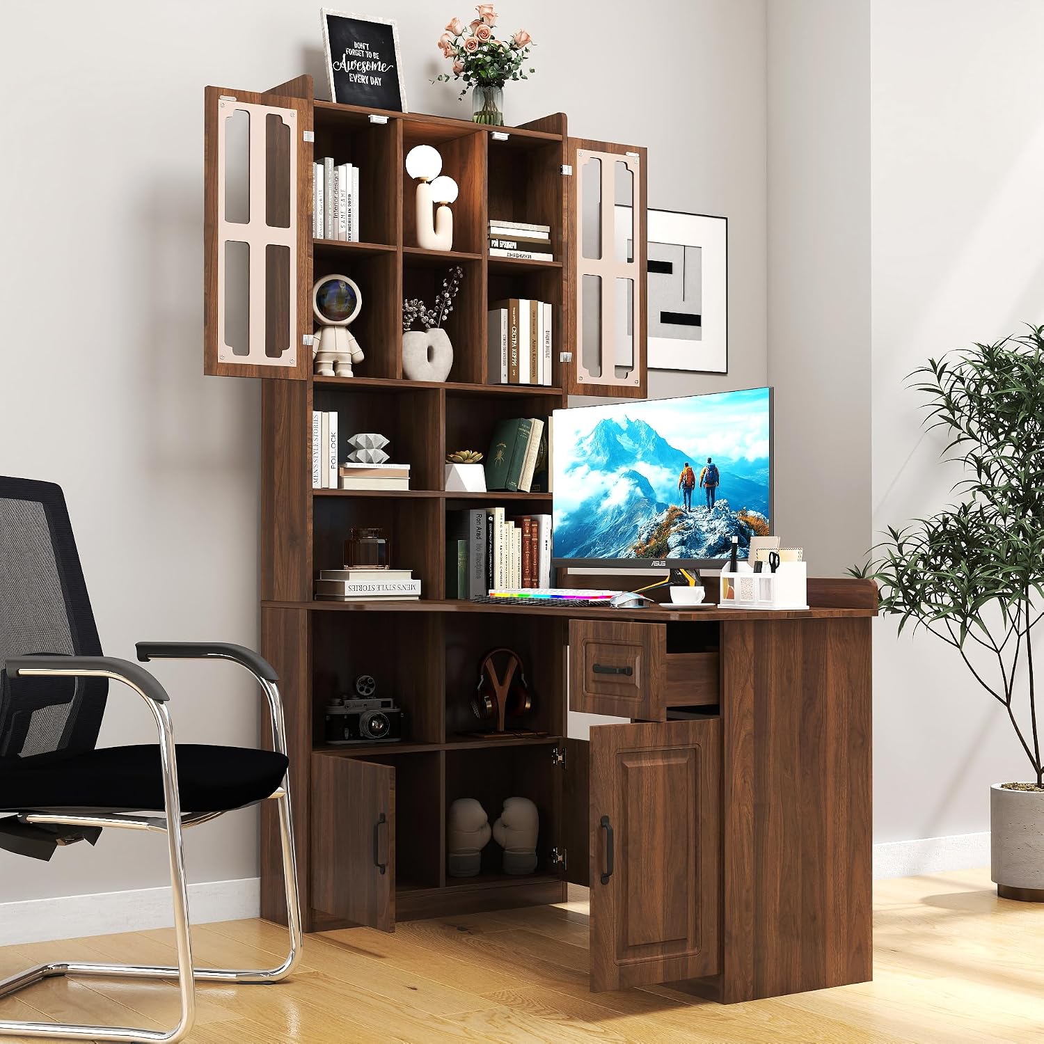 ZeHuoGe L-Shaped Corner Computer Desk for Home Office or Study Desk, Study Modern Style Table with Drawers, Bookshelf & Hutch, 2-in-1 L-Shaped Design, Large Working Space (Walnut)