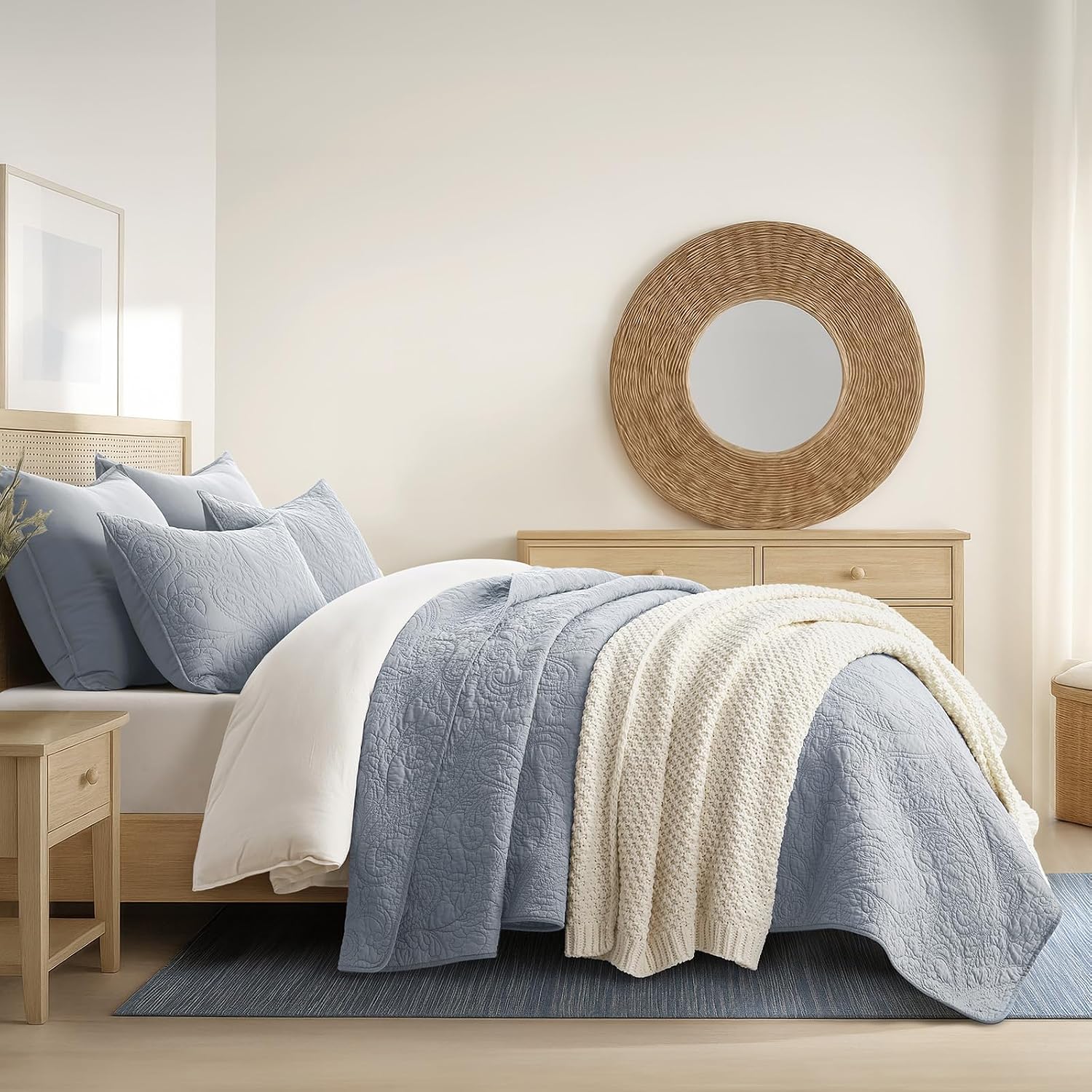 EVERGRACE 100% Cotton Paisley Quilt Set, King Size 3 Piece Set – Prewashed Lightweight Bedspread with 2 Shams, Soft & Breathable Matelasse-Style Quilted Coverlet, Pearl Blue