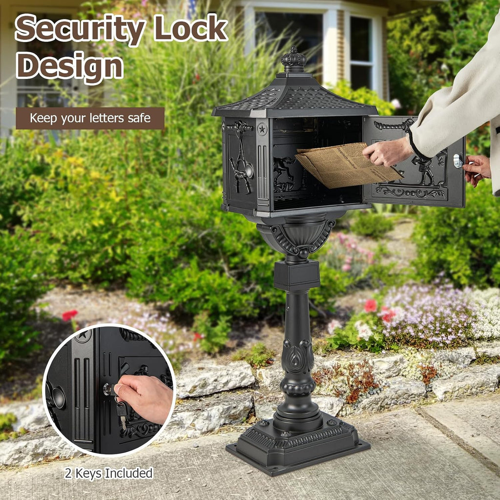 Goplus Mailbox Cast Aluminum with Post, Heavy Duty Locking Security Mail Box for House Outside, Vintage Postal Box with Keys & Baffle Door, Large, Freestanding, Post Mount