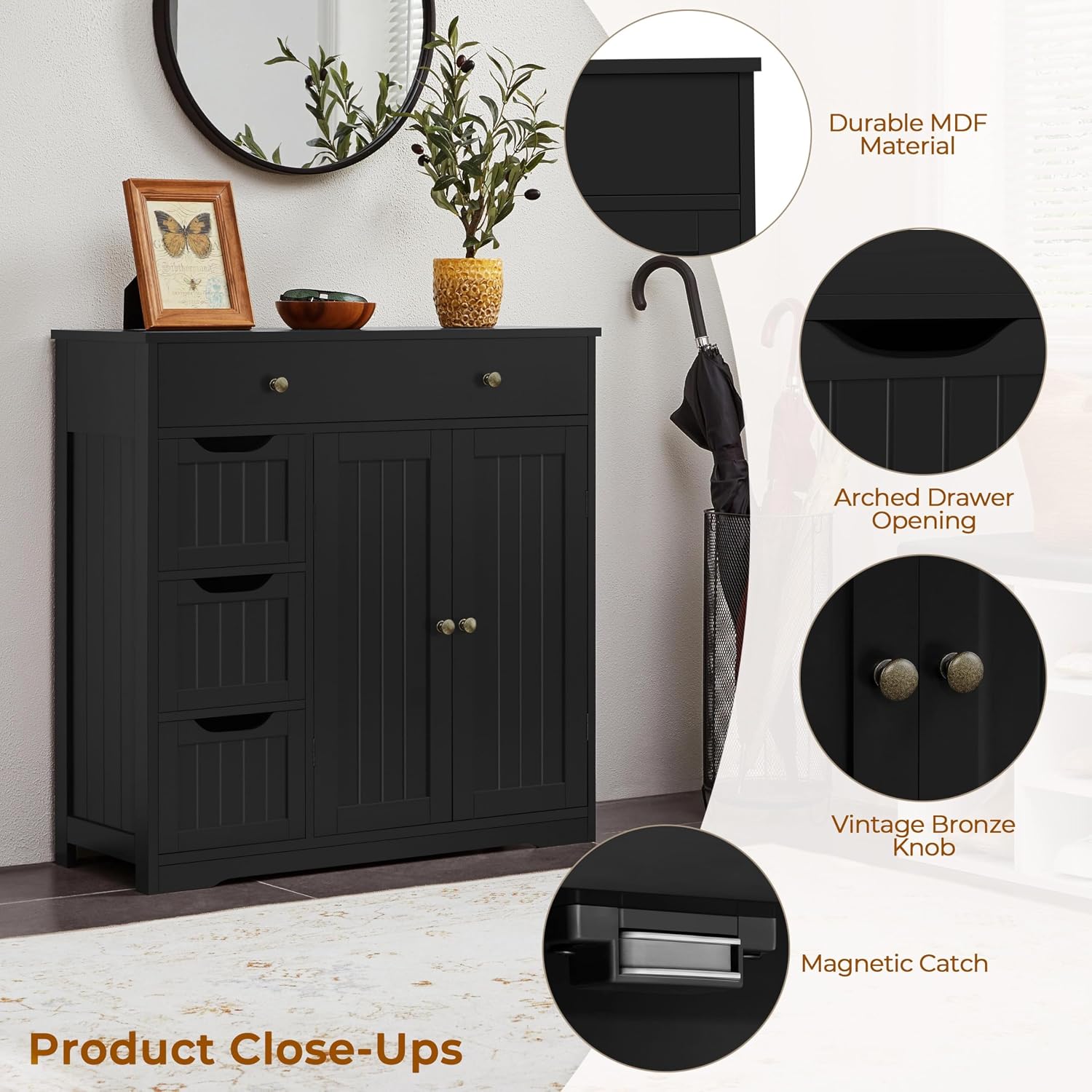 Topeakmart Storage Cabinet with 4 Drawers and 2 Doors, Adjustable Shelves, Freestanding Cabinet for Kitchen, Dining Room, Living Room, Entryway, Black