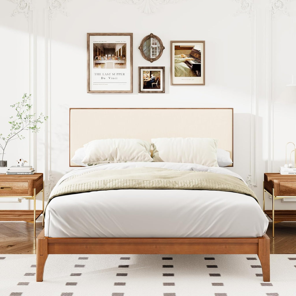 Merax King Size Bamboo Platform Bed, Mid-Century Modern Bed Frame with Upholstered Adjustable Headboard, Wood Slat Support, No Box Spring Needed, Easy Tool-Free Assembly, Brown+Beige