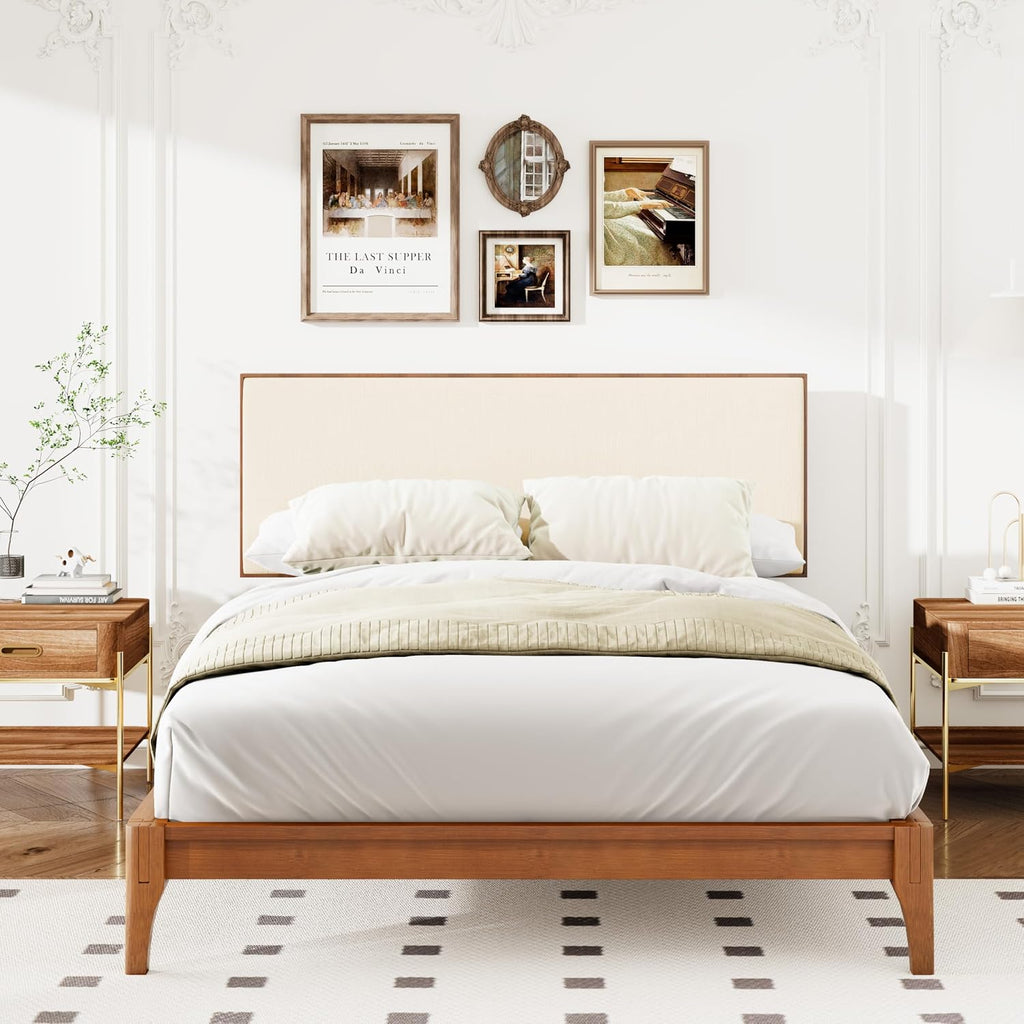 Merax King Size Bamboo Platform Bed, Mid-Century Modern Bed Frame with Upholstered Adjustable Headboard, Wood Slat Support, No Box Spring Needed, Easy Tool-Free Assembly, Brown+Beige