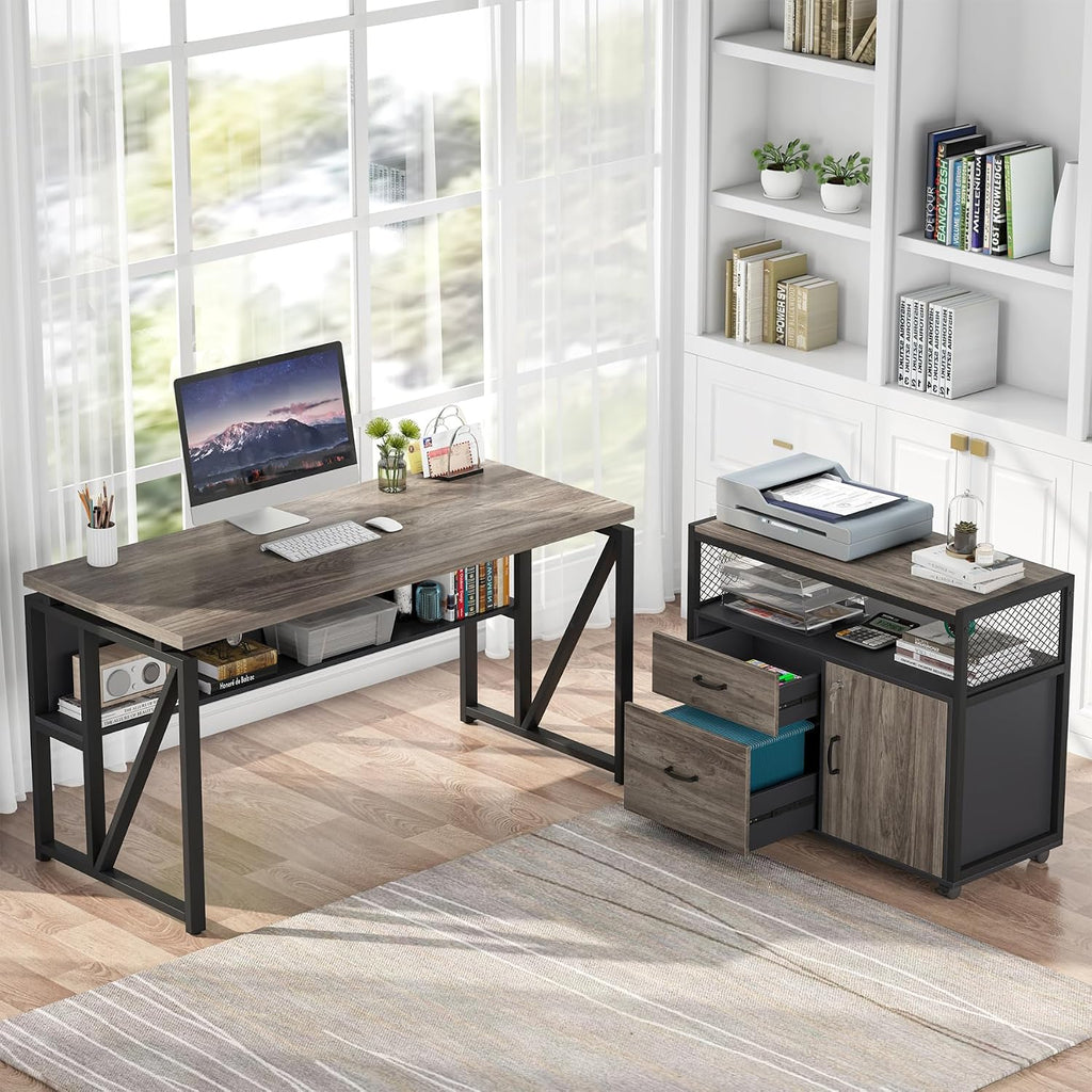 Tribesigns Grey Executive Desk with Cabinet, 55' L Shaped Computer Desk and lateral File Cabinet with Locks, 2 Piece Home Office Furniture Set for Hanging