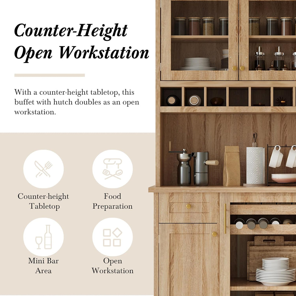 Modern 74.8 inch Tall Kitchen Pantry, Freestanding Buffet with Hutch, Kitchen Pantry Storage Cabinet with Wine Rack and Adjustable Shelves for Dining Room (Natural//1)