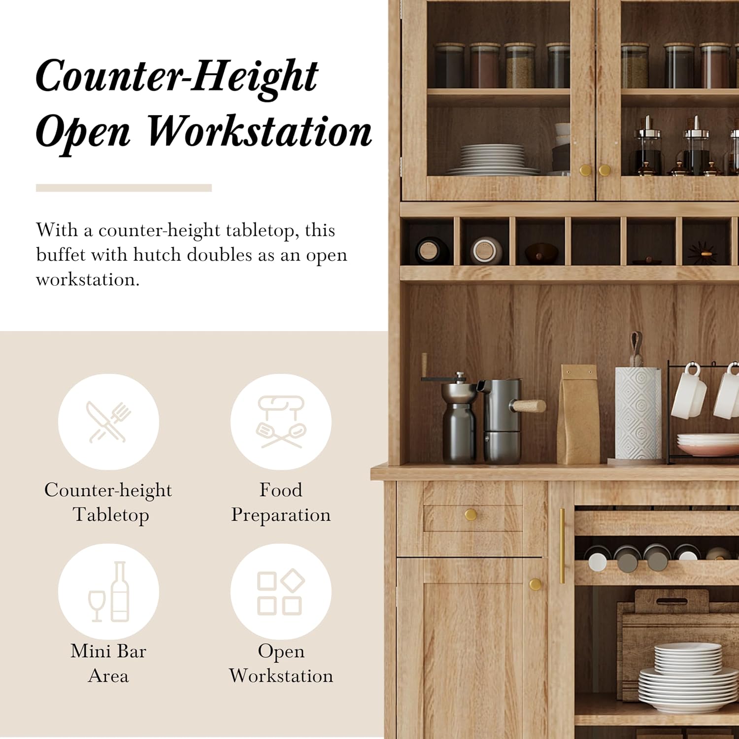 Modern 74.8 inch Tall Kitchen Pantry, Freestanding Buffet with Hutch, Kitchen Pantry Storage Cabinet with Wine Rack and Adjustable Shelves for Dining Room (Natural//1)