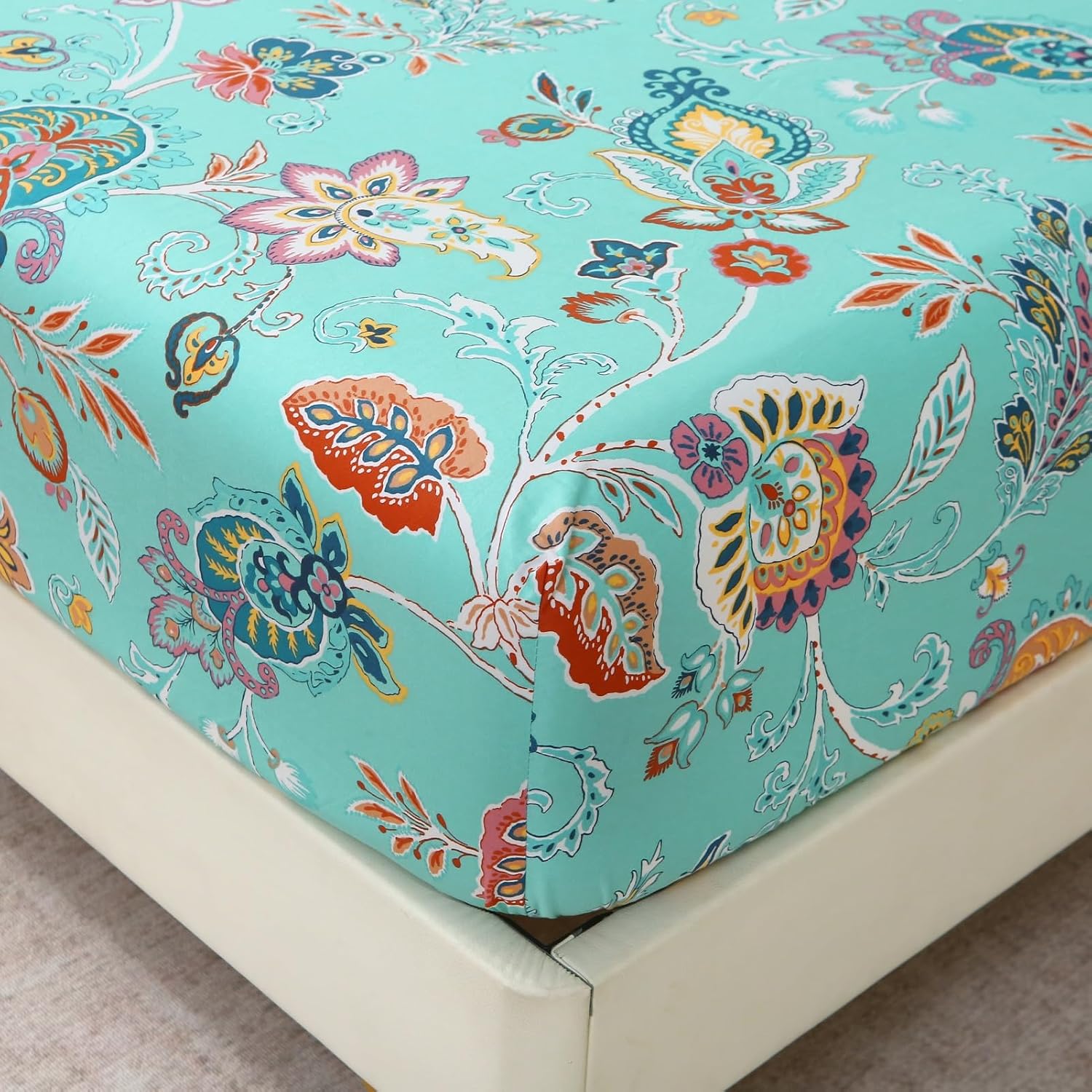 ABREEZE Sheets Set Blue Floral Bedding Rustic Flower Botanical Bed Sheet Set Vintage Farmhouse Bedding 100% Cotton Ultra Soft Breathable Beddings with Deep Pocket Fitted Sheet 4Pcs, King Size