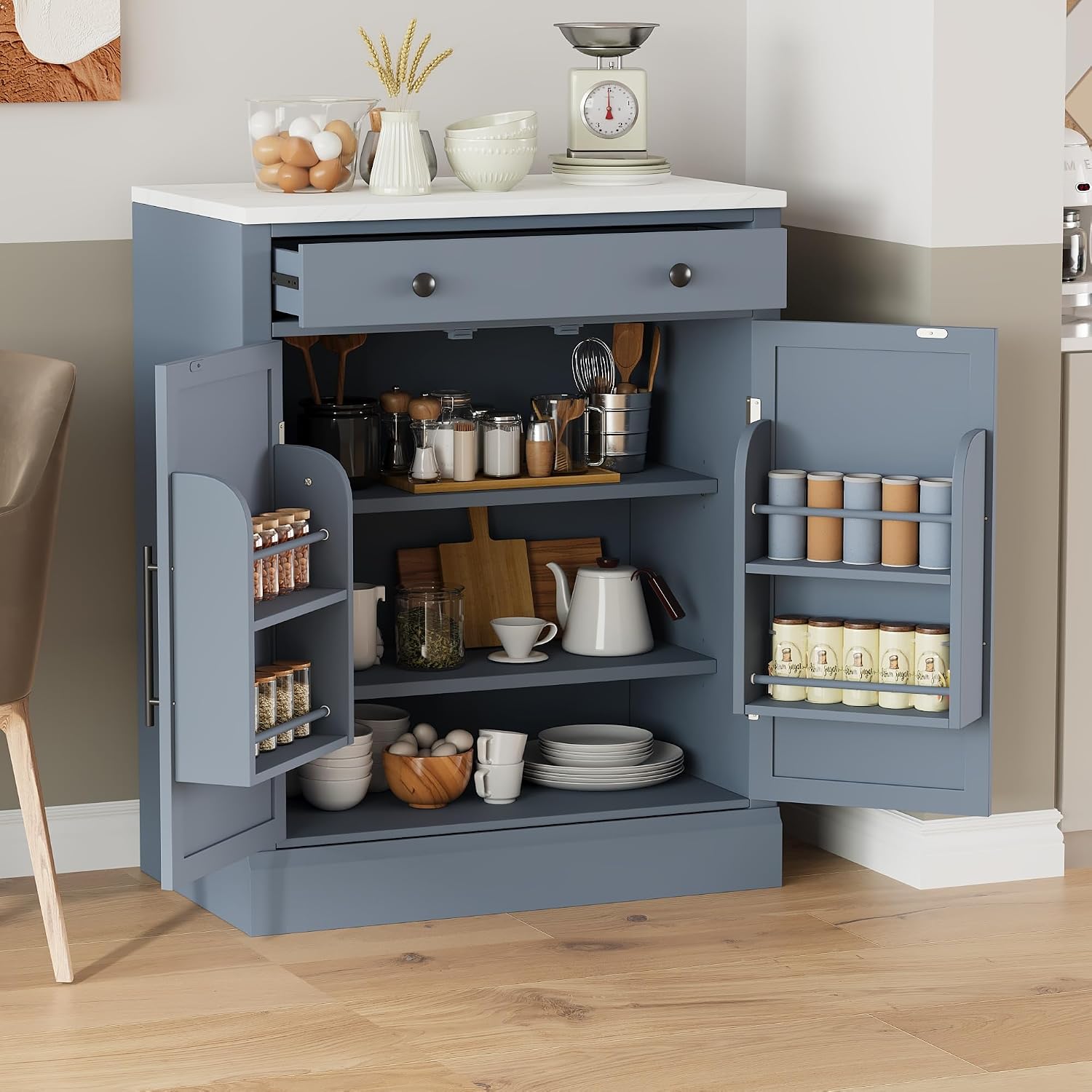 Modern Kitchen Pantry Storage Cabinet, Buffet Food Storage, Buffet Cabinet with 2 Adjustable Shelves and 2 Door Shelves, Set of 2