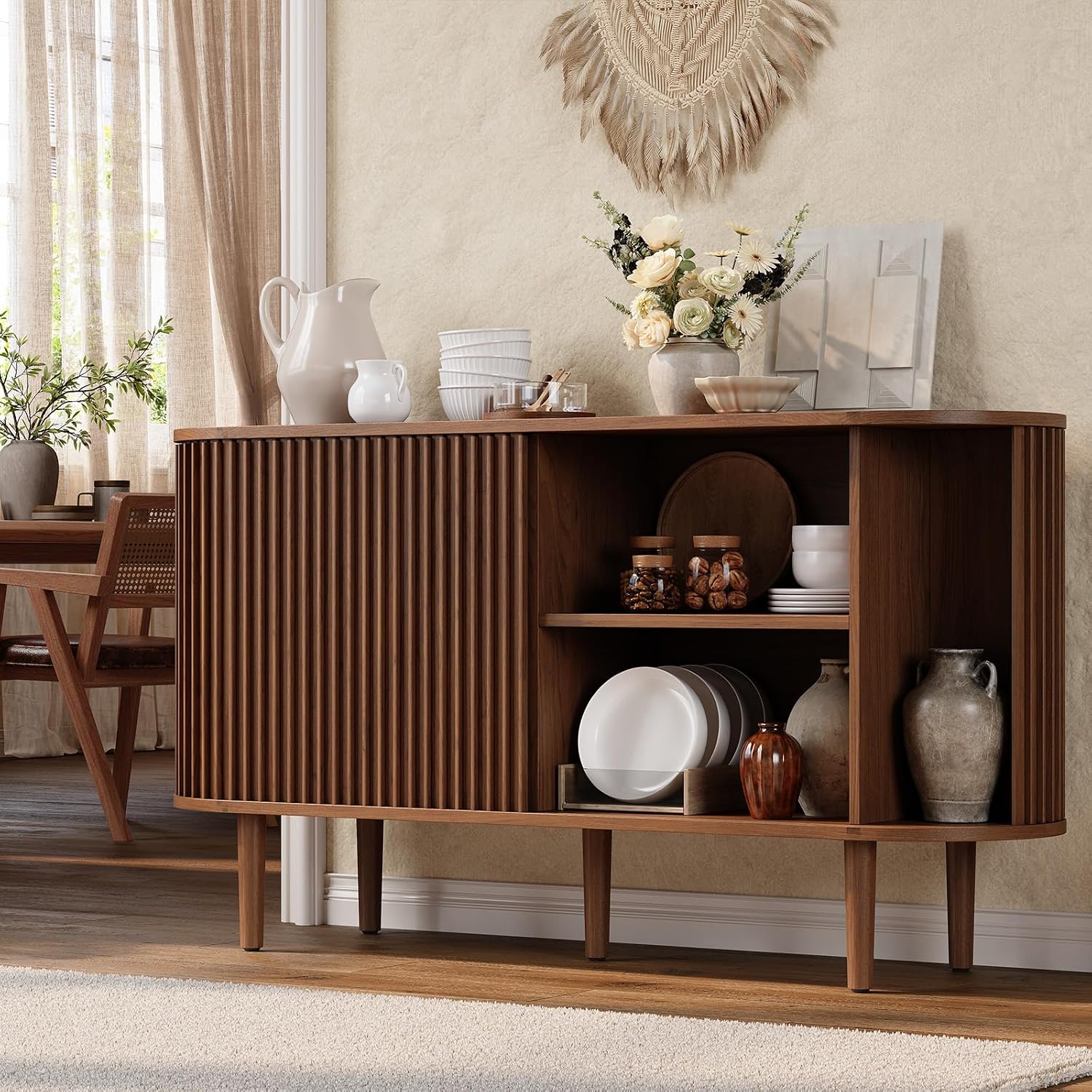 ONBRILL 55' Buffet Sideboard Cabinet with Sliding Doors, Mid-Century Modern Sideboard Buffet Cabinet with Storage & Adjustable Shelves, Accent Coffee Bar Console Table for Kitchen, Entryway, Walnut