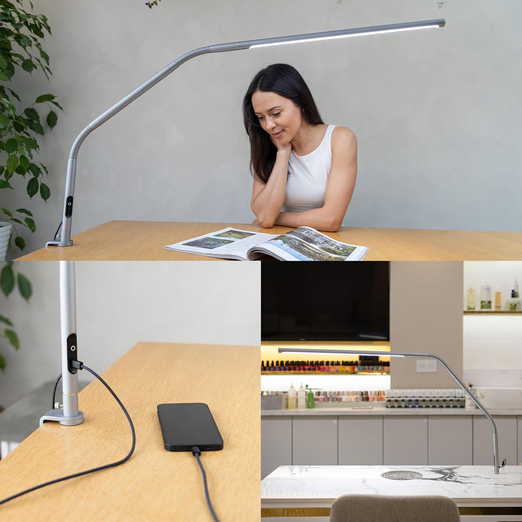 Daylight Slimline 4™ LED Table Lamp in Ice Grey - 6,000K, 3,200 Lux, 4 Brightness Levels, USB-C Charging Port, Anti-Glare Diffuser, Flexible Design, Art & Craft, Sewing, Nail Salon