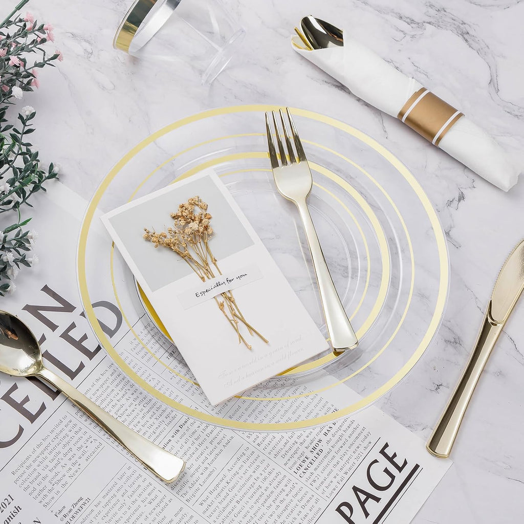 BESTVIP 700PCS Clear Gold Plastic Dinnerware Set for 100 Guests, Disposable Party Plate for Christmas and New Year, Include: 200 Plastic Plates, 100 Pre Rolled Napkins with Silverware, 100 Cups