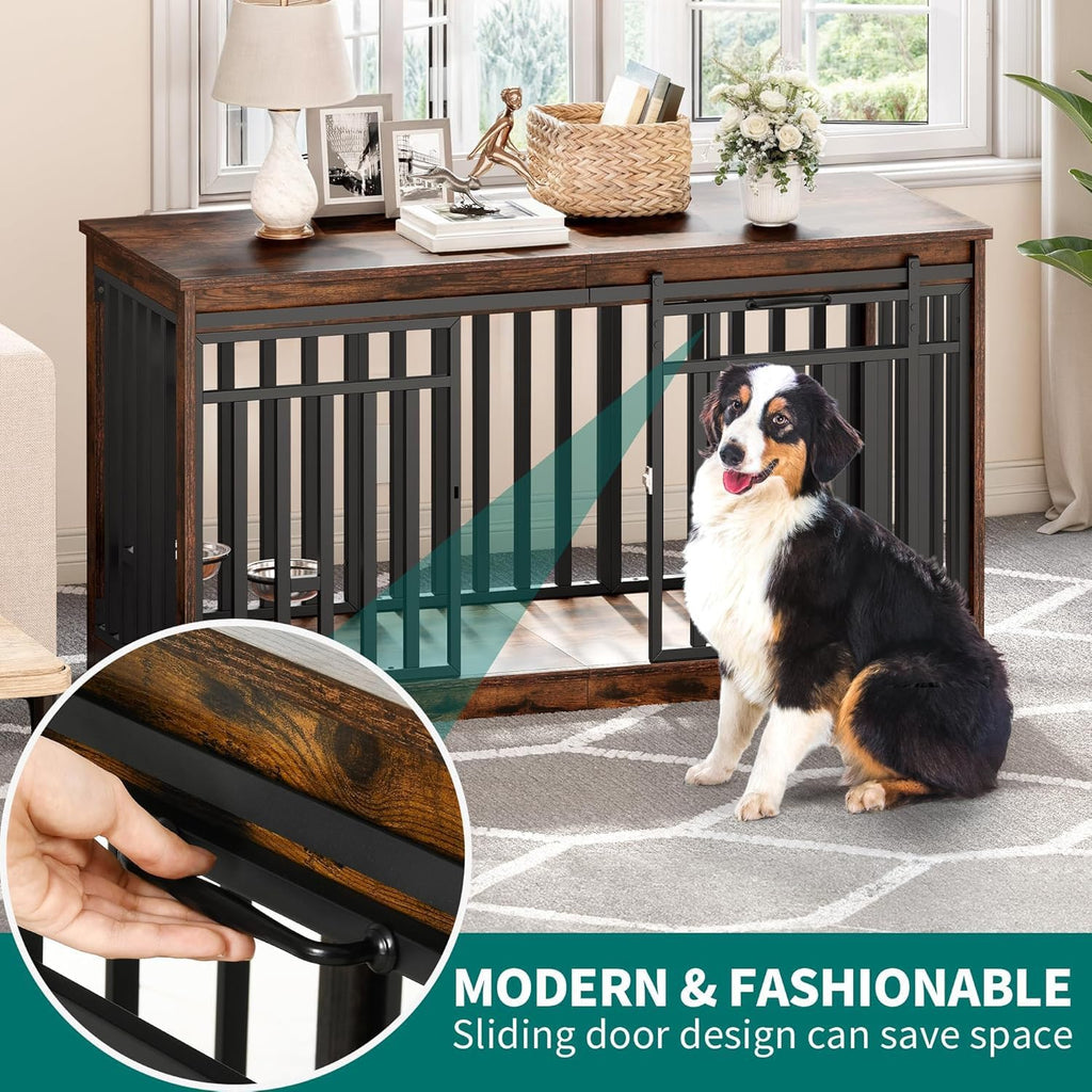 YITAHOME 55 Inch Large Dog Crate Furniture, Heavy Duty Wooden Dog Crate TV Stand with 2 Dog Bowls, Metal Dog Kennel Indoor Furniture Sliding Barn Door Design for Extra Large Dogs, Rustic Brown