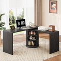 ONBRILL 60 Inch L Shaped Desks with Power Outlets,360° Rotating Swivel Corner Desk with Storge, Fluted Computer Table for Home Office,Workstation,Study Room,Black