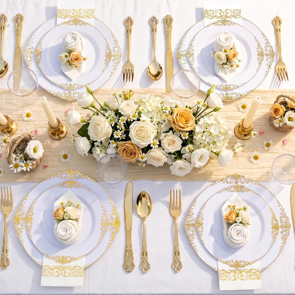 YOUBET 700PCS Gold Plastic Dinnerware Set - White and Gold Disposable Plates for 100 Guest - 200 Disposable Plates, 300 Heavy Duty Plastic Silverware, 100 Cups,100 Napkins for Wedding