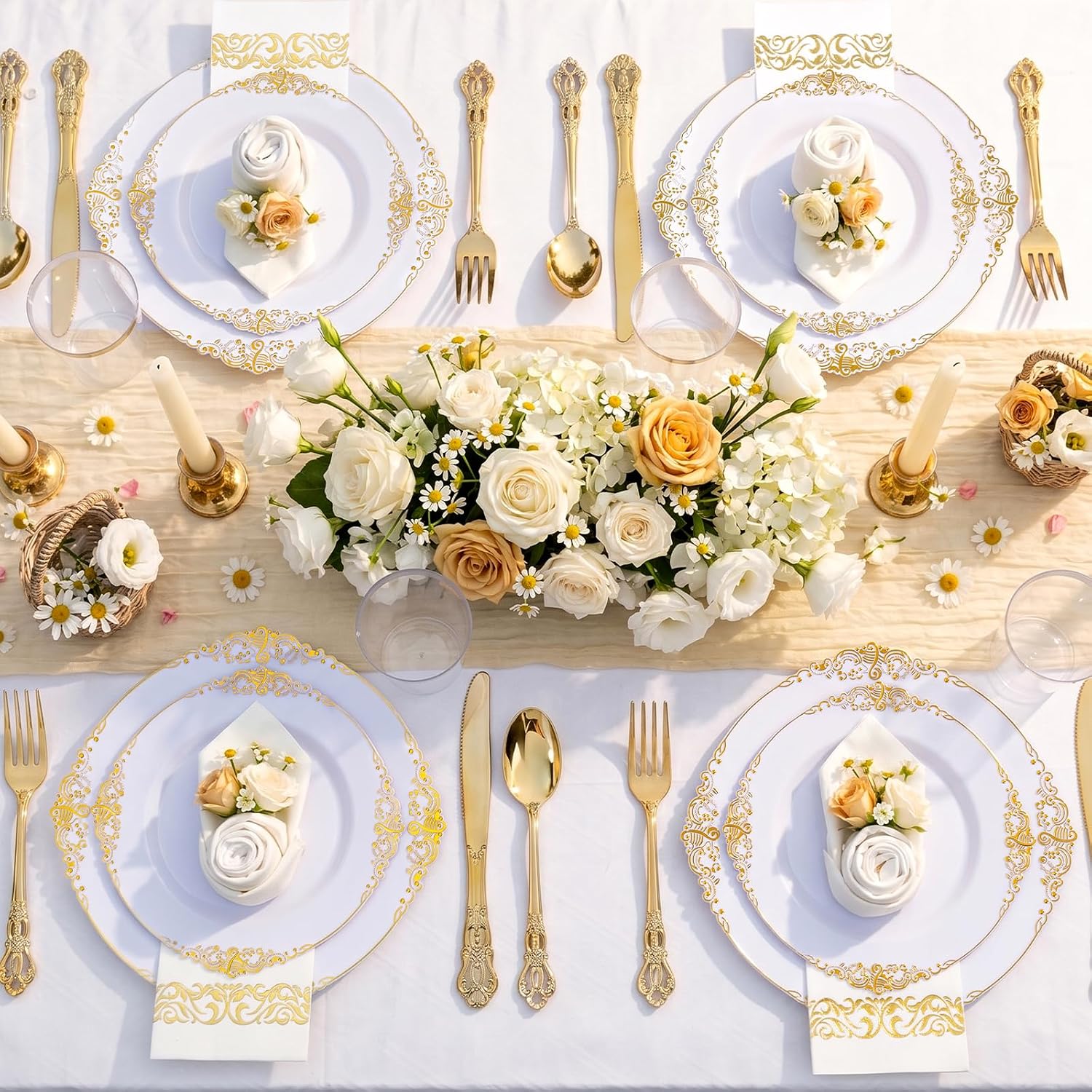 YOUBET 700PCS Gold Plastic Dinnerware Set - White and Gold Disposable Plates for 100 Guest - 200 Disposable Plates, 300 Heavy Duty Plastic Silverware, 100 Cups,100 Napkins for Wedding